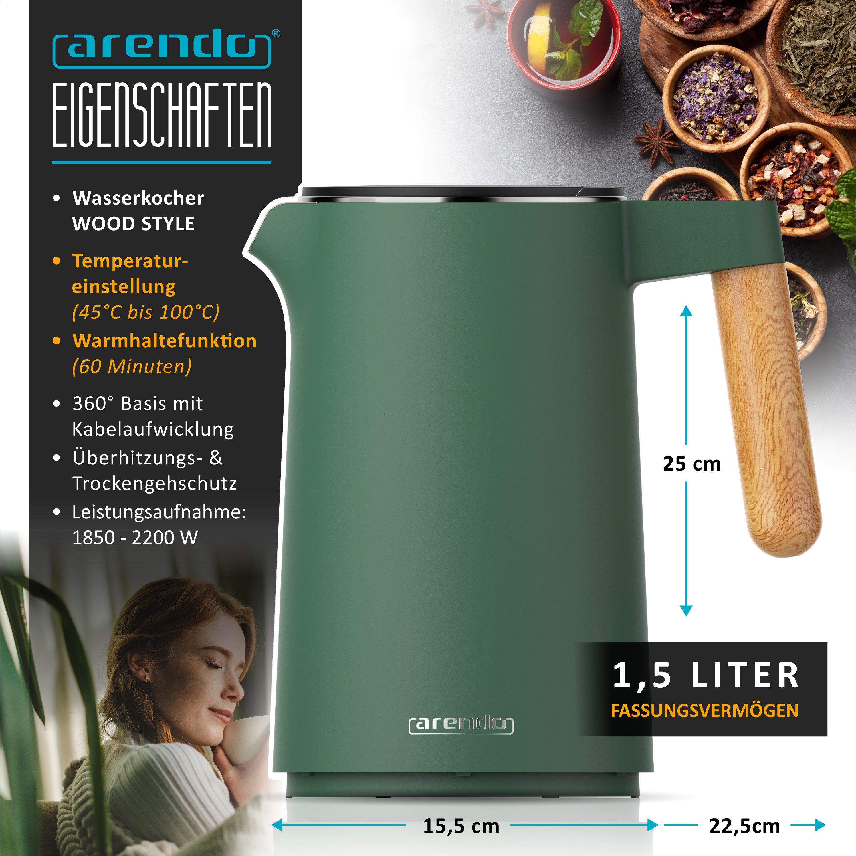 Arendo Frühstücks-Set Edelstahl Wasserkocher 1,5l, 4-Scheiben Langschlitz Toaster, grün (2-tlg), Wasserkocher mit Temperatureinstellung, 2200W, Toaster Brötchenaufsatz