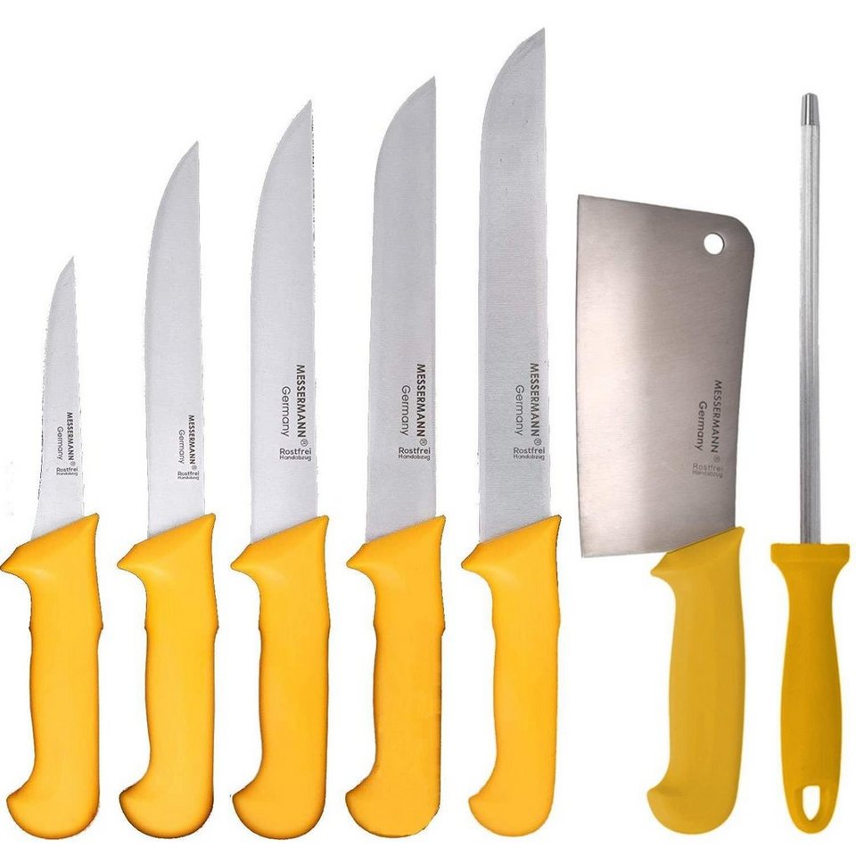 Messermann Germany Messer-Set Messer-Set Fleischmesser 7er Set aus  Edelstahl mit Wetzstahl (7-tlg), • Vorgeschliffene, handgearbeitete  Edelstahlklingen (rostfrei)