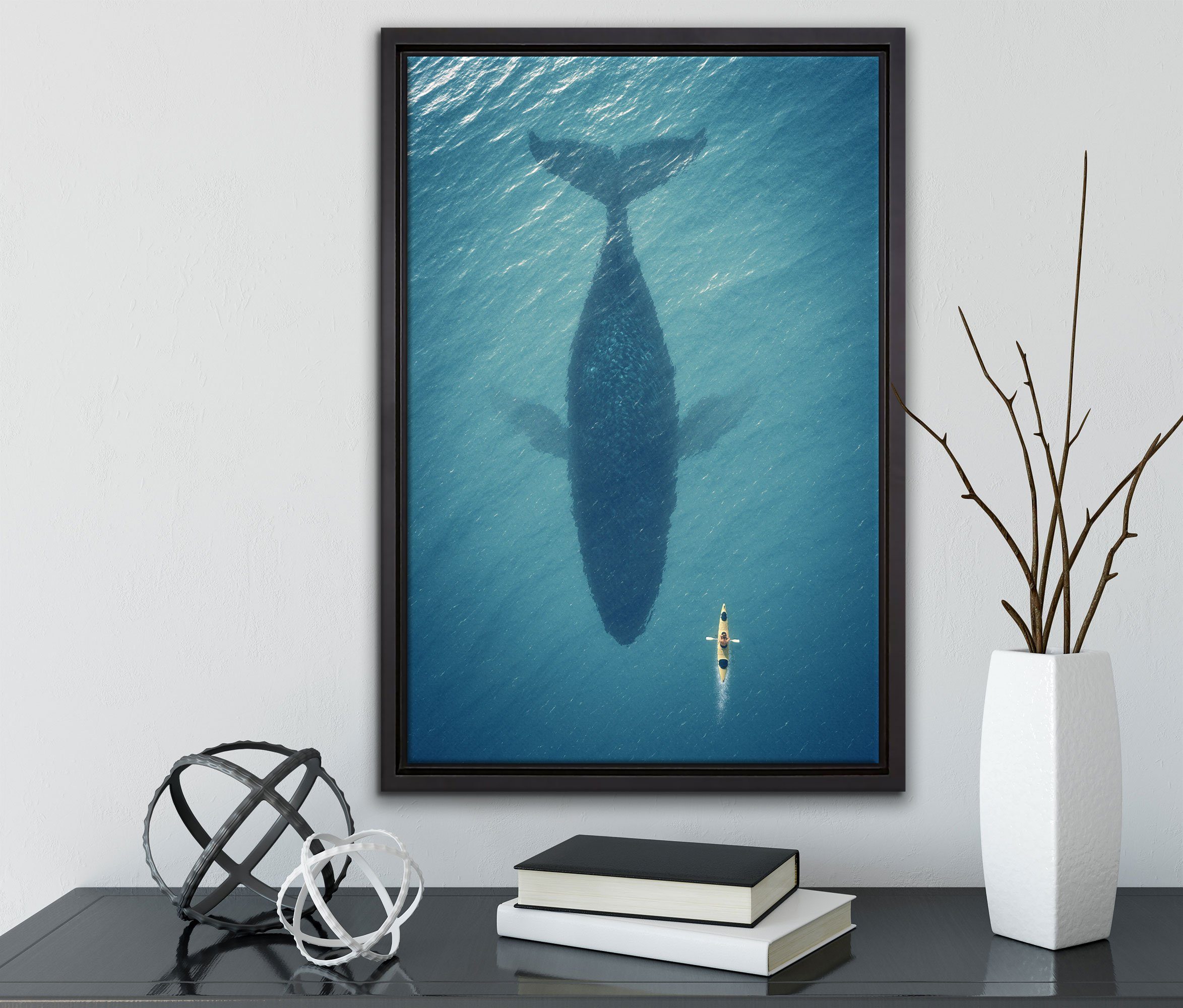 inkl. Leinwandbild einem Wal (1 Schattenfugen-Bilderrahmen fertig in St), Riesiger Wanddekoration Leinwandbild gefasst, bespannt, Pixxprint Schatten, Zackenaufhänger