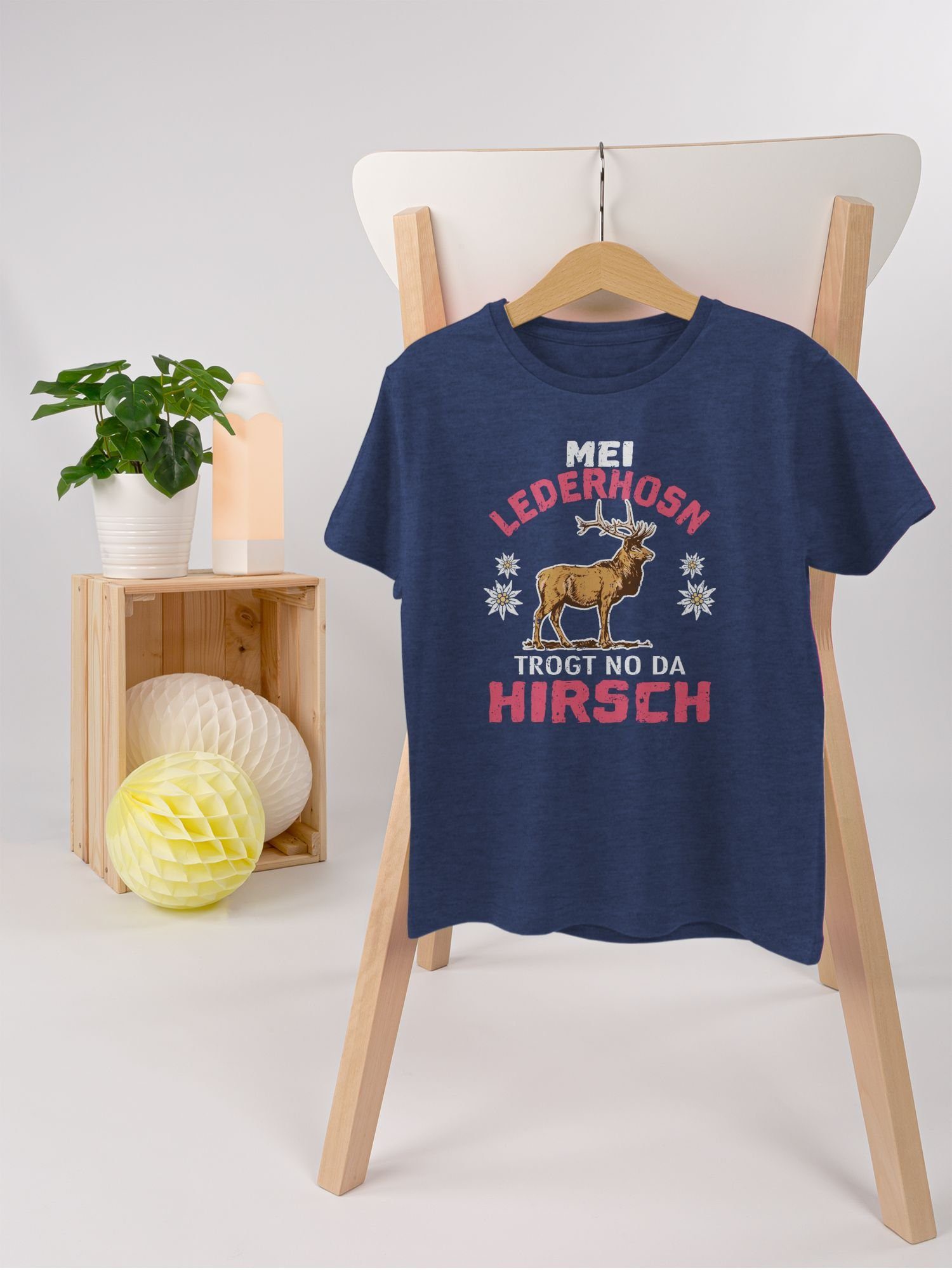 no Shirtracer für da Dunkelblau Meliert Hirsch trogt Outfit 3 - Lederhosn Mode weiß/rot T-Shirt Mei Oktoberfest Kinder
