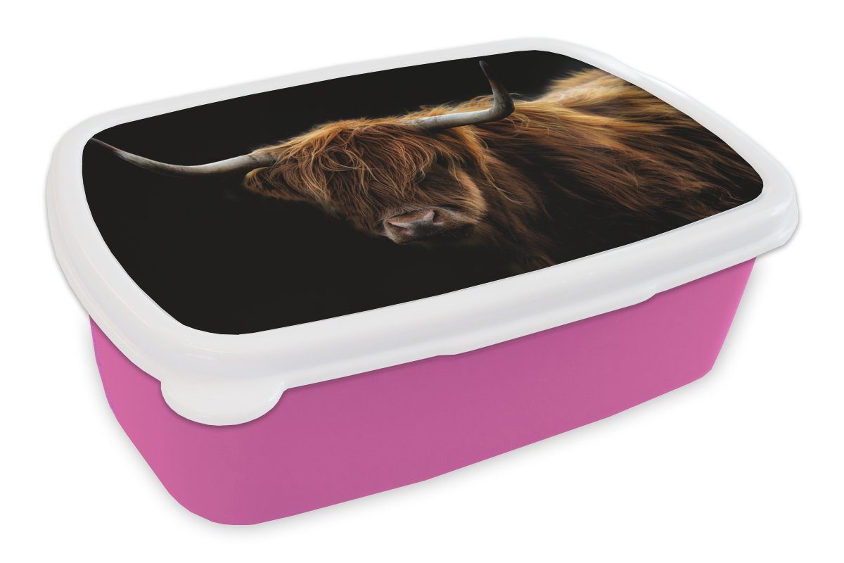 MuchoWow Lunchbox Schottischer Highlander - Hörner - Schwarz - Tiere - Natur - Wild -, Kunststoff, (2-tlg), Brotbox für Erwachsene, Brotdose Kinder, Snackbox, Mädchen, Kunststoff rosa