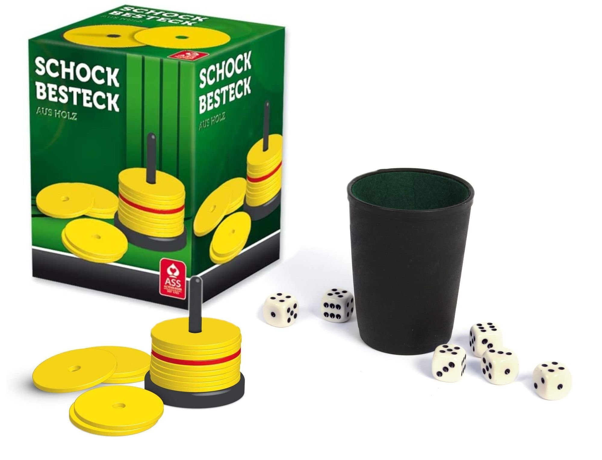ASS Spiel, Würfelspiel SchockbesteckSet mit Würfelbecher inkl. 6 Würfeln