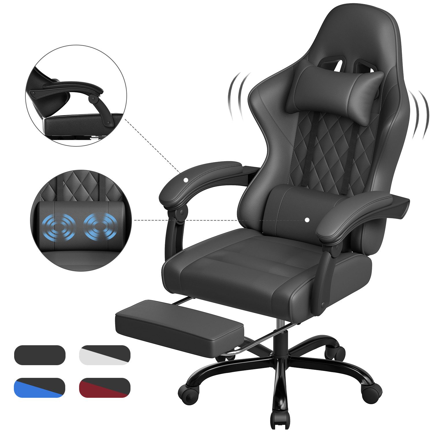 HOMALL Gaming-Stuhl Massage-Spielstuhl, Bürostuhl mit Fußstütze, ergonomisch gestaltet (90-135° verstellbare Rückenlehne, Belastbarkeit 150 kg, verstellbares Lendenkissen, Kopfstütze)