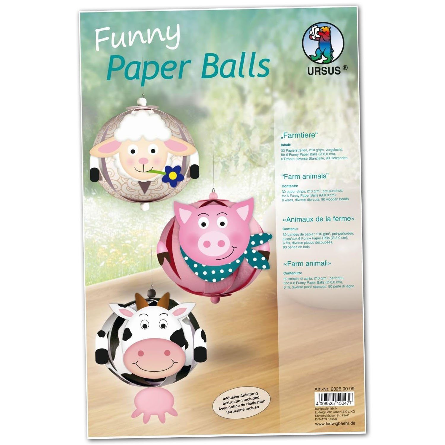 Ursus - Ludwig Bähr Papierdekoration URSUS Designstreifen Funny Paper Balls "Farmtiere"
