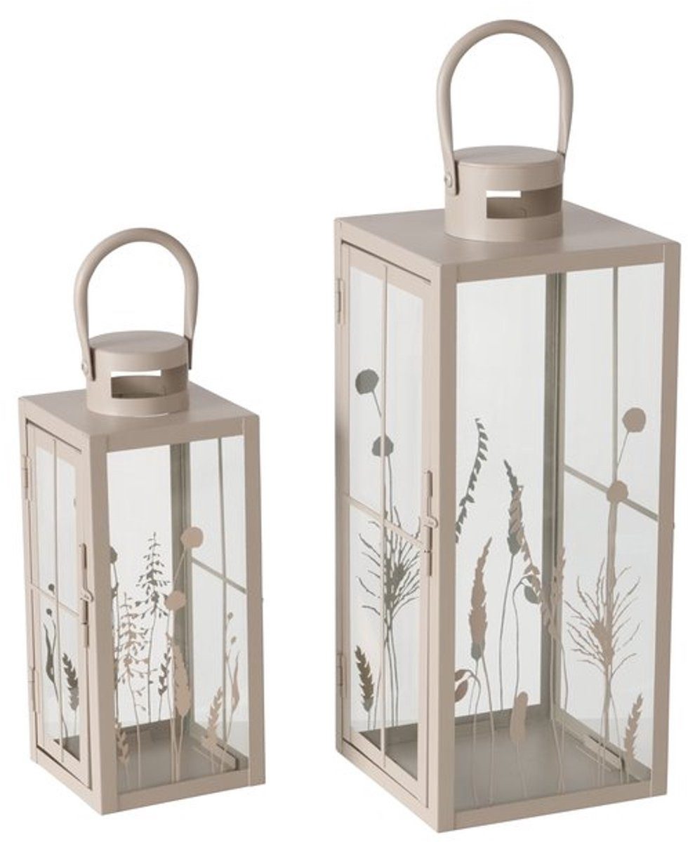 BOLTZE Windlicht Lantaarn Set 2 Beige Blumenmotiv aus Metall (Set, 2 St., 2er-Set), aus Glas und Metall