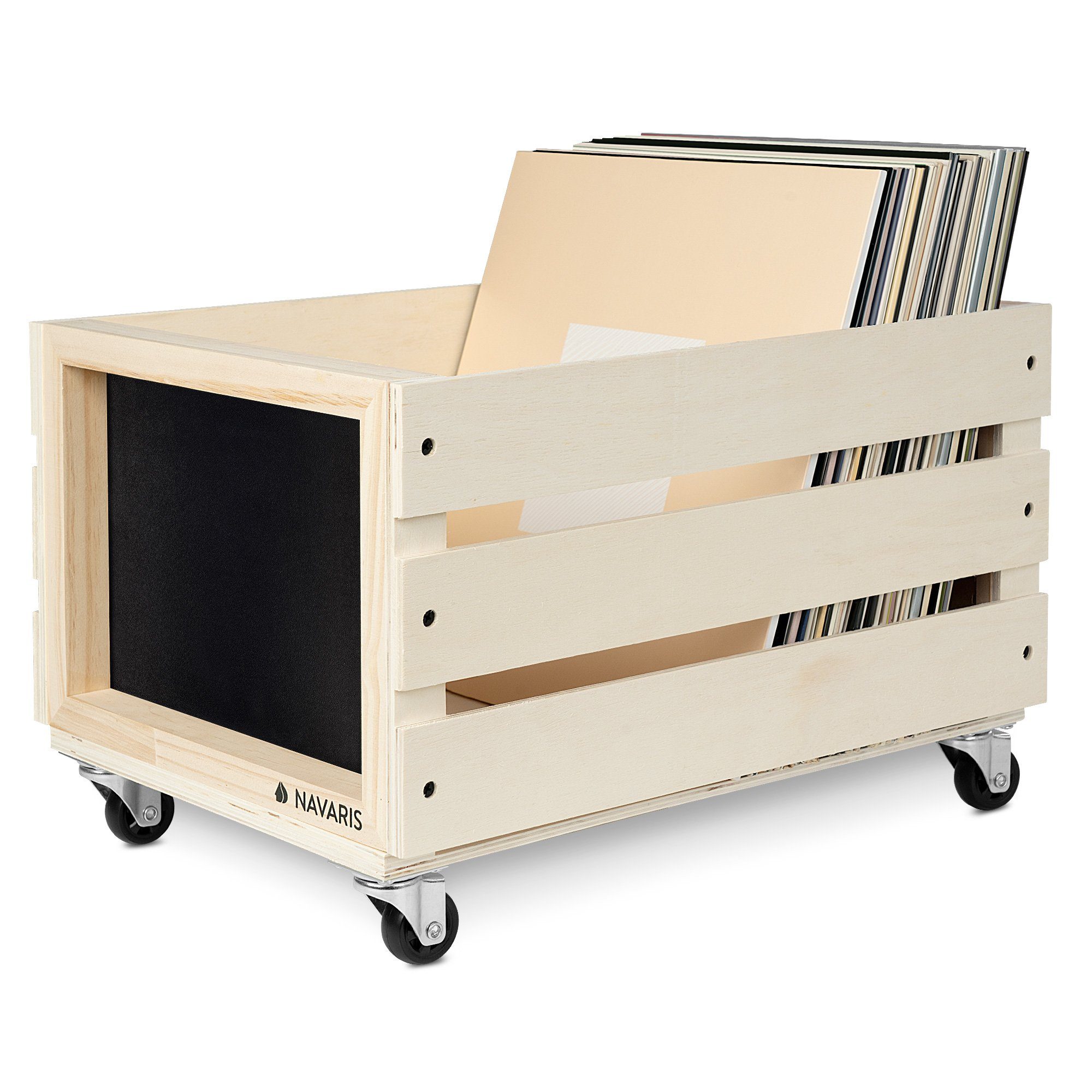 Navaris Transportbehälter Holz Schallplatten Kiste Kreidetafel Räder 42,9x34,4x28cm bis 80 LP, (1-St)