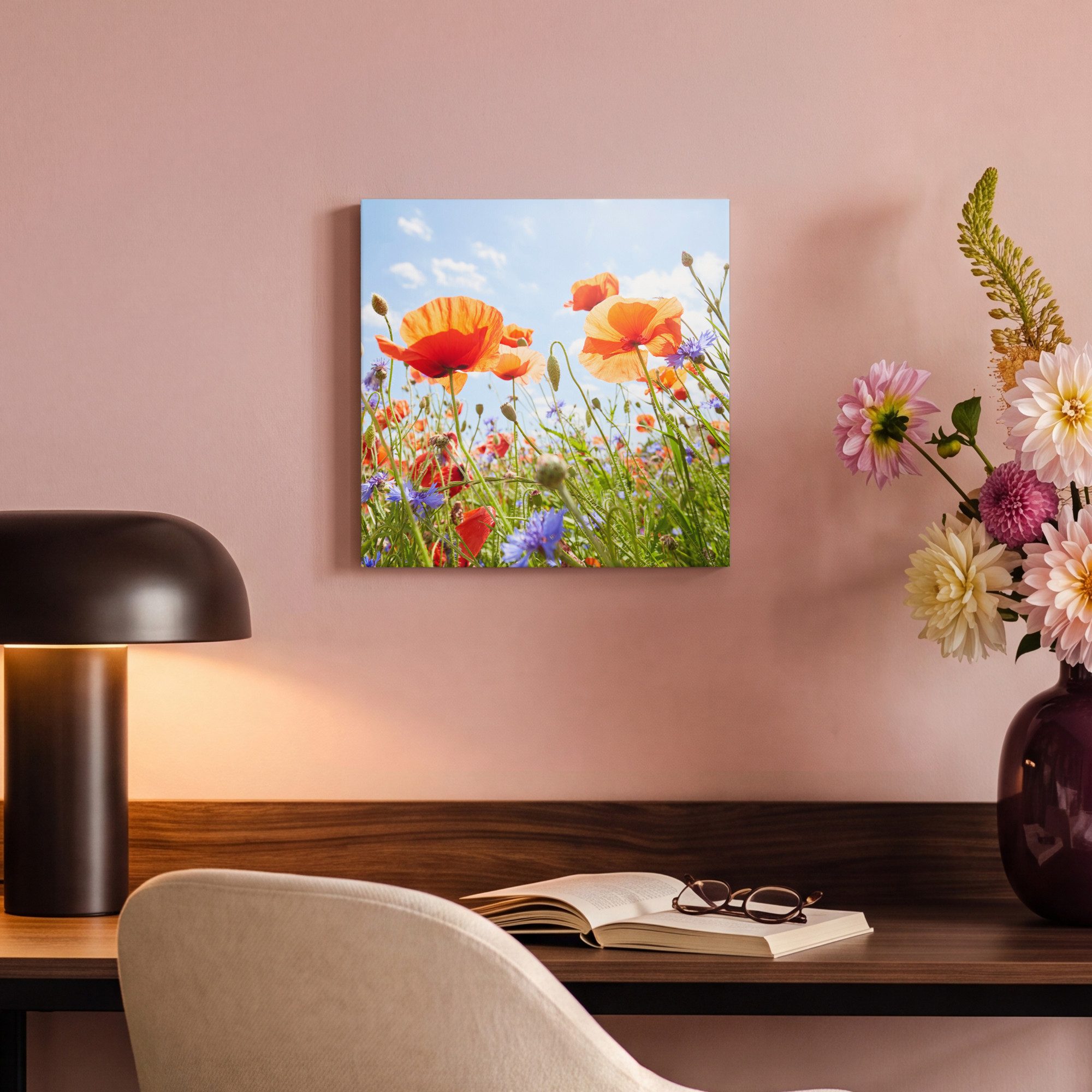 OneMillionCanvasses® Leinwandbild Blumen - Mohn - Frühling - Natur - Rot - Blau, Fotodruck (1 St), Wandbild, Deko Schlafzimmer Wohnzimmer Flur 20x20 cm – Bild 4 von 5