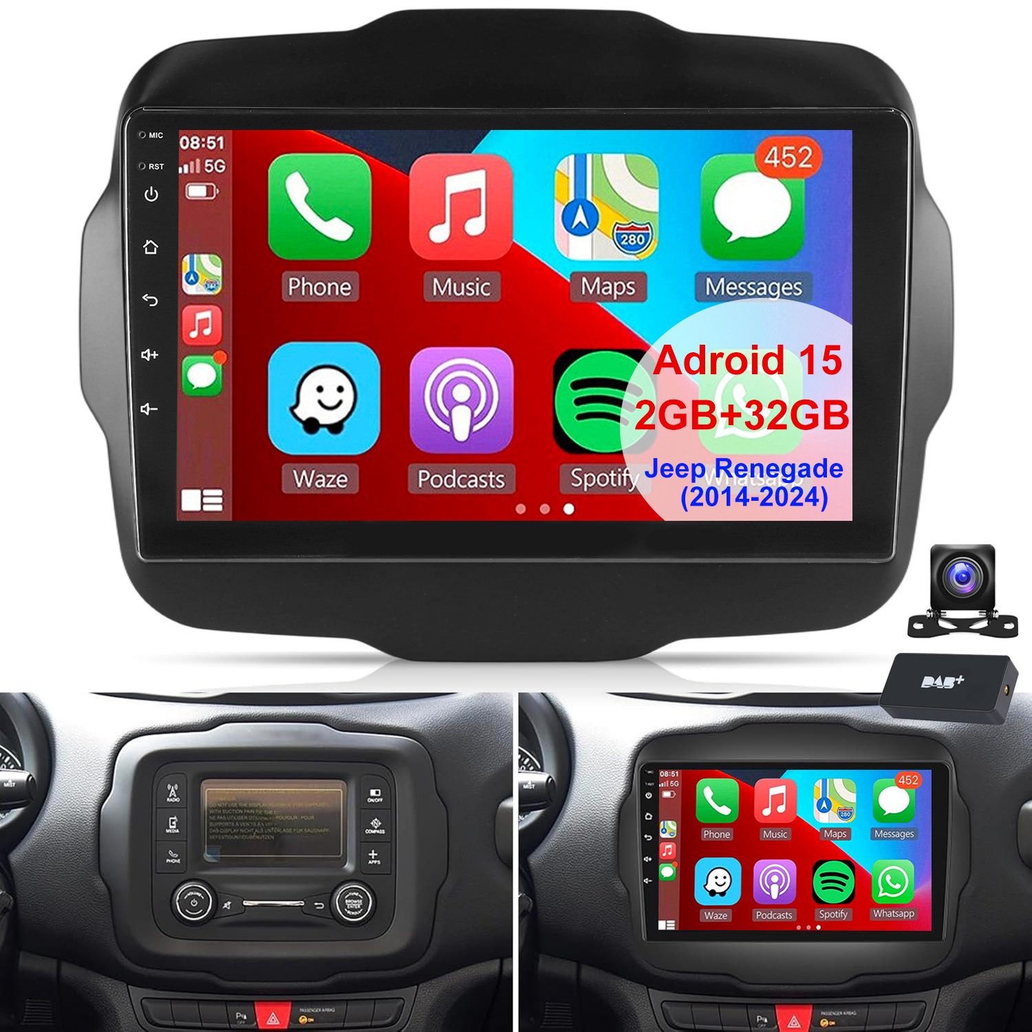 ESSGOO Carplay Android 15 Autoradio Für Jeep Renegade 2014-2024 GPS Navi RDS Autoradio (DAB+ (optional), 4+64GB(optional), RDS, AM, FM, Apple Carplay Android Auto GPS Navi WIFI BT EQ)