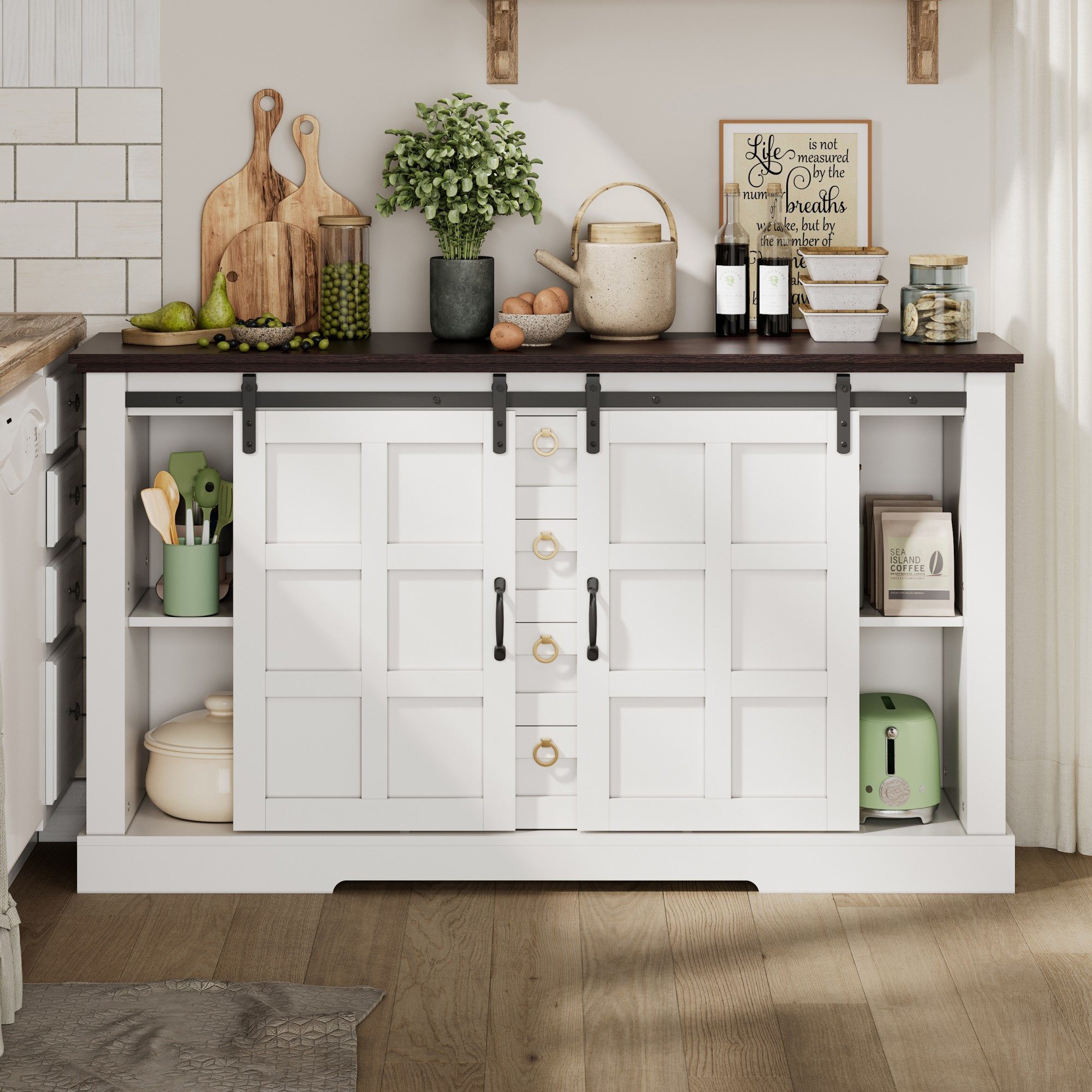 Flieks Kommode Sideboard mit Schubladen, Schiebetür & Walnussholzfarbe Arbeitsplatte (1 St., B150/T40/H85 cm), Mehrzweckschrank mit verstellbaren Einlegeböden Landhausstil, Weiß
