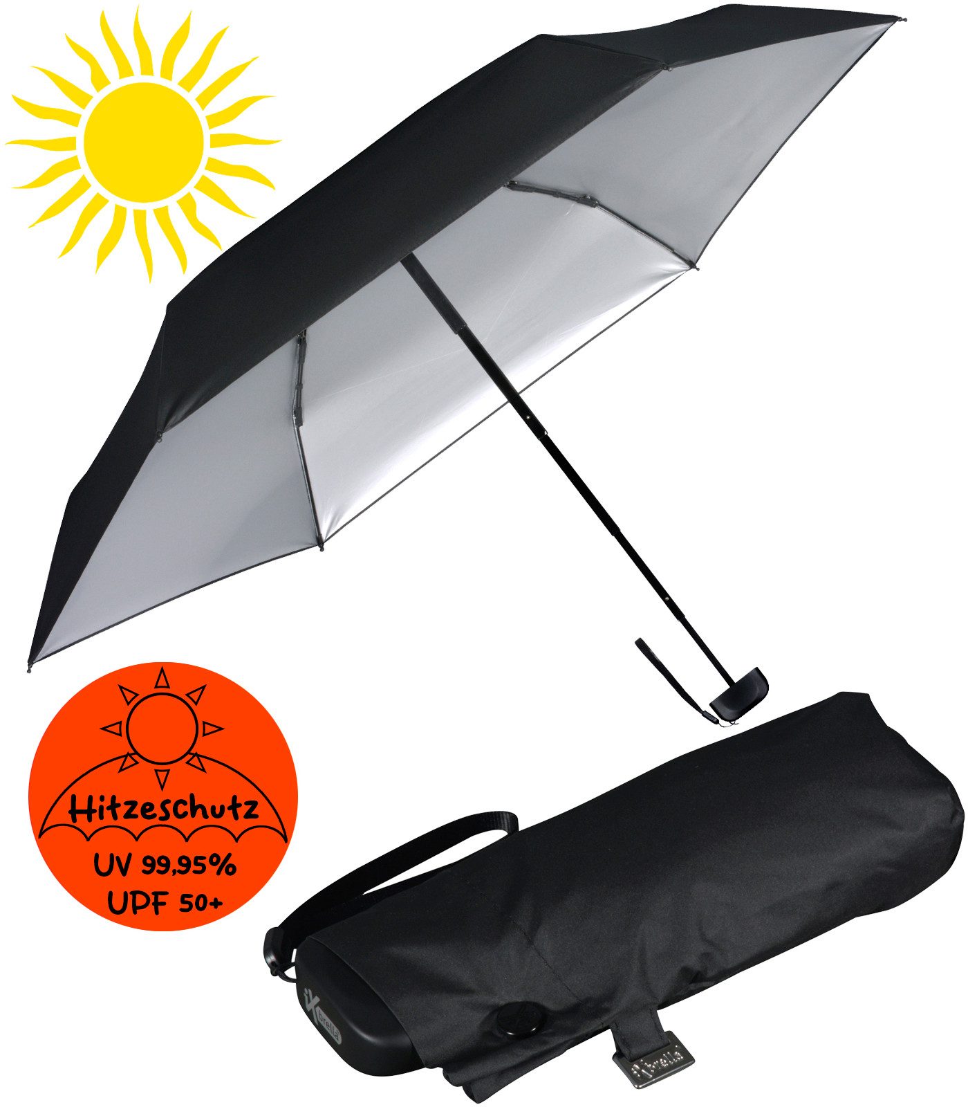 iX-brella Taschenregenschirm Sonnen-Regenschirm mit UPF 50+, UV-Hitze-Schutz, winzig klein, mit Handöffner, innen silber