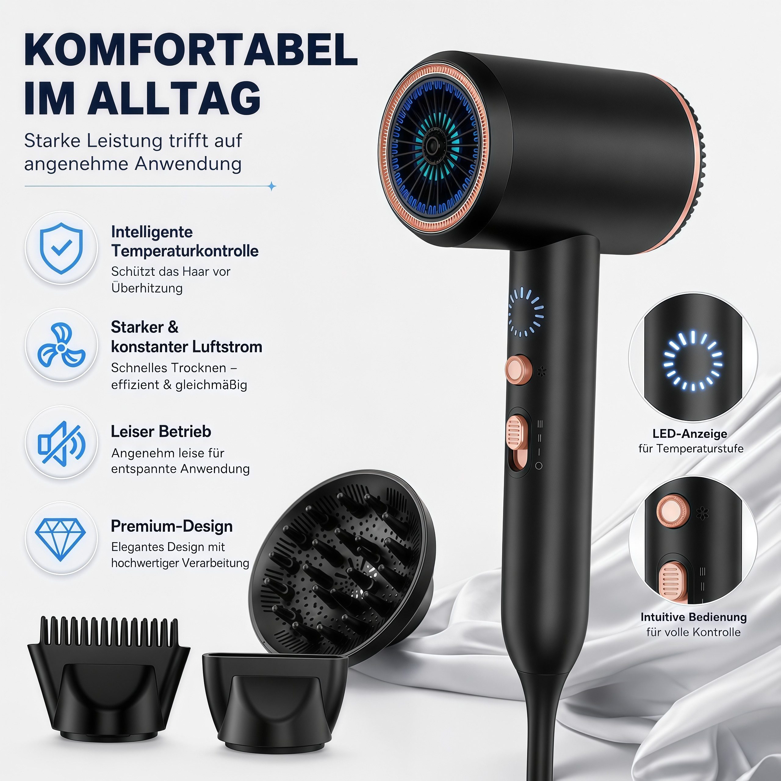 ibettertec Haartrockner Föhn,Haartrockner Ionen mit Diffusor-Konzentrator-Düse, 2400W, 2400 W, Turbo-Ultra-Leise-Motor, föhn 4-in-1, Mit Heiß- und Kaltzyklus, 4 – Bild 4 von 5
