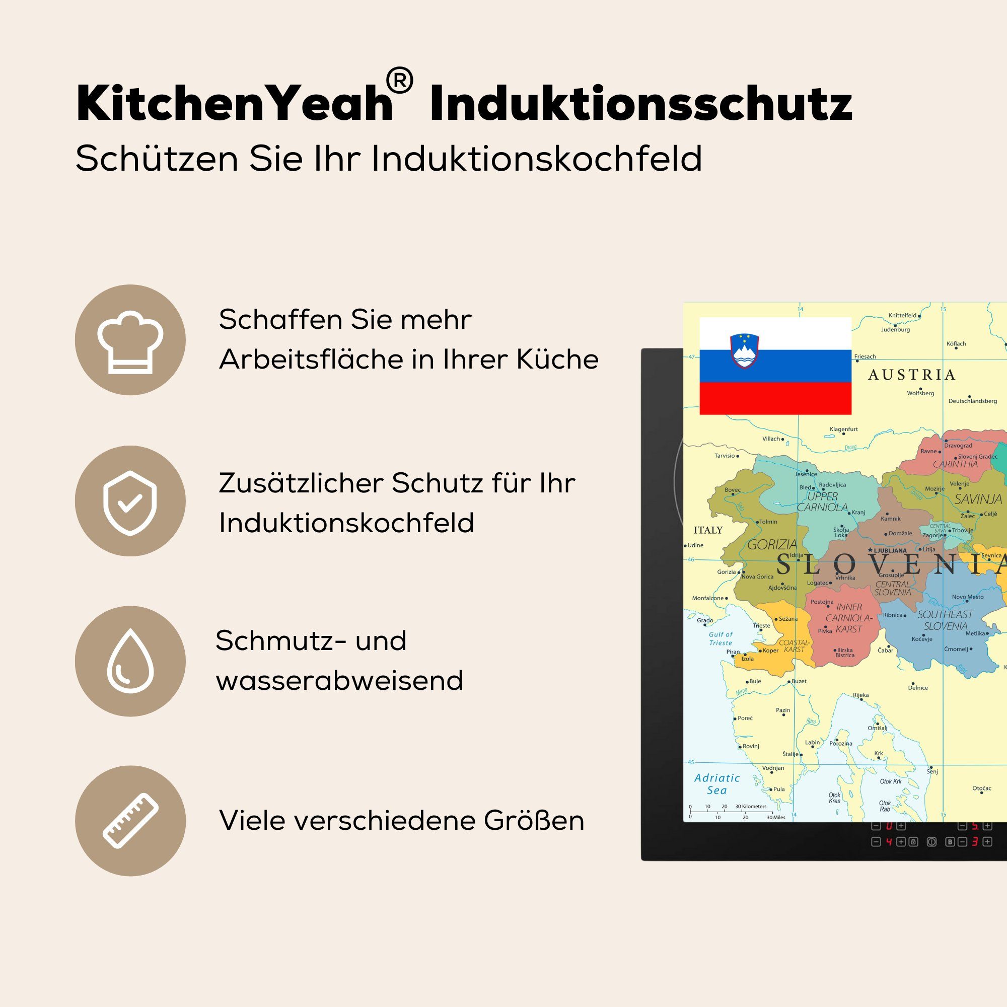 küche Arbeitsplatte MuchoWow Ceranfeldabdeckung, von 78x78 Landkarte (1 für tlg), Bunte Herdblende-/Abdeckplatte Slowenien seine Vinyl, Flagge, und cm,