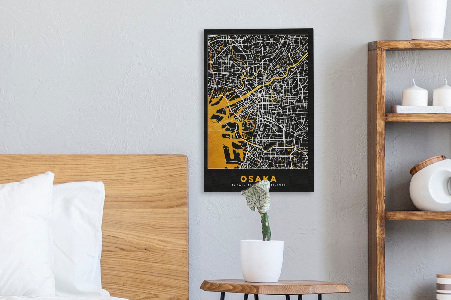 Gemälde, bespannt - Karte Gold, Leinwandbild Zackenaufhänger, cm Stadtplan St), inkl. Osaka - OneMillionCanvasses® 20x30 (1 Leinwandbild - fertig