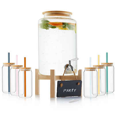 SÄNGER Getränkespender Set mit Holzständer, 6x Gläsern, 6x Strohhalmen, inkl. Zapfhahn, für heiße und gekühlte Getränke, 7,8 Liter