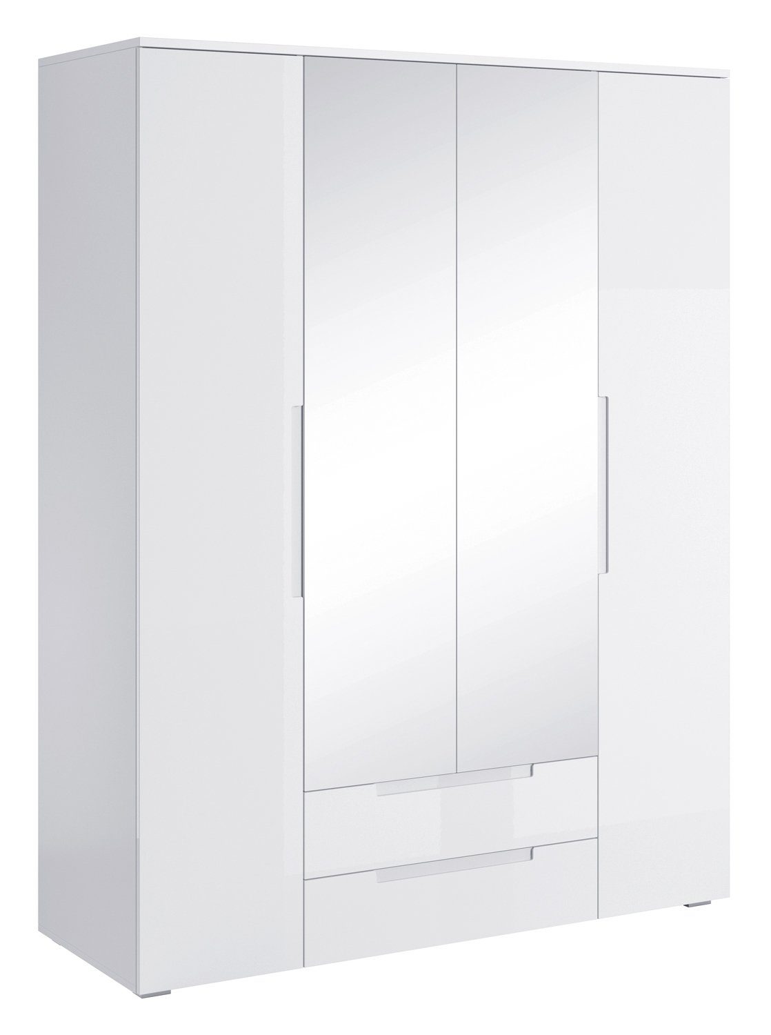 Pol-Power Drehtürenschrank Kleiderschrank SPICE, B 160 cm x H 208 cm, Weiß Hochglanz, 4 Türen, 2 Schubladen, mit Spiegel