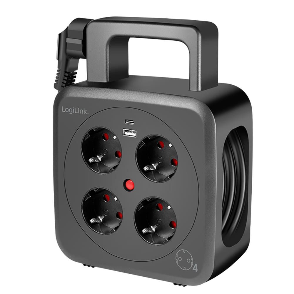 LogiLink LPS504 Kabeltrommel 4-fach (Kabellänge 5 m), Verlängerungstrommel, 4 Steckdosen, USB-C PD, 3000 W, Alltag