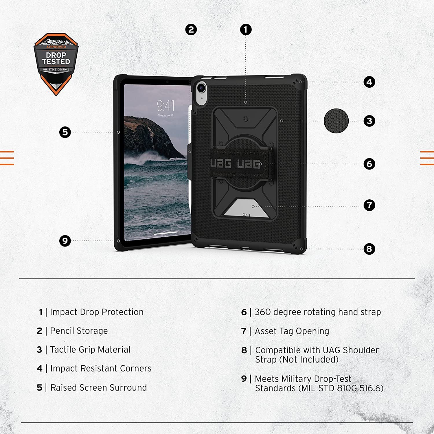 UAG Tablet-Hülle Metropolis Handstrap Case - Apple iPad 10,9 (2022) Hülle 10,9 Zoll, [Drehbare Handschlaufe, Apple Pencil Halterung]