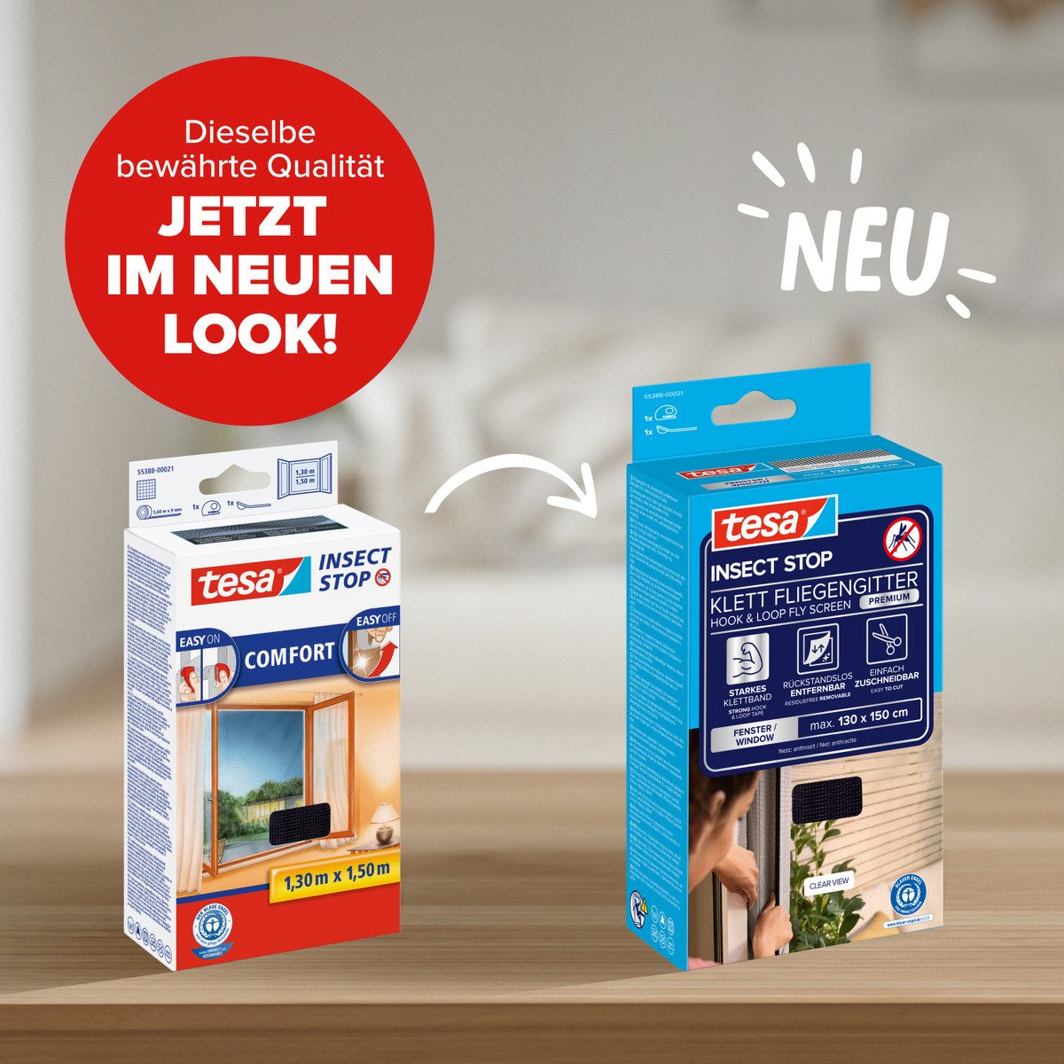 tesa Fliegengitter-Gewebe Klett Fliegengitter Premium für Fenster, Insektenschutz mit Klettband, (Packung, 2-St., Fliegennetz, Klettband, Andrück und Schneidehilfe), selbstklebende Insektenschutz - 130 cm x 150 cm