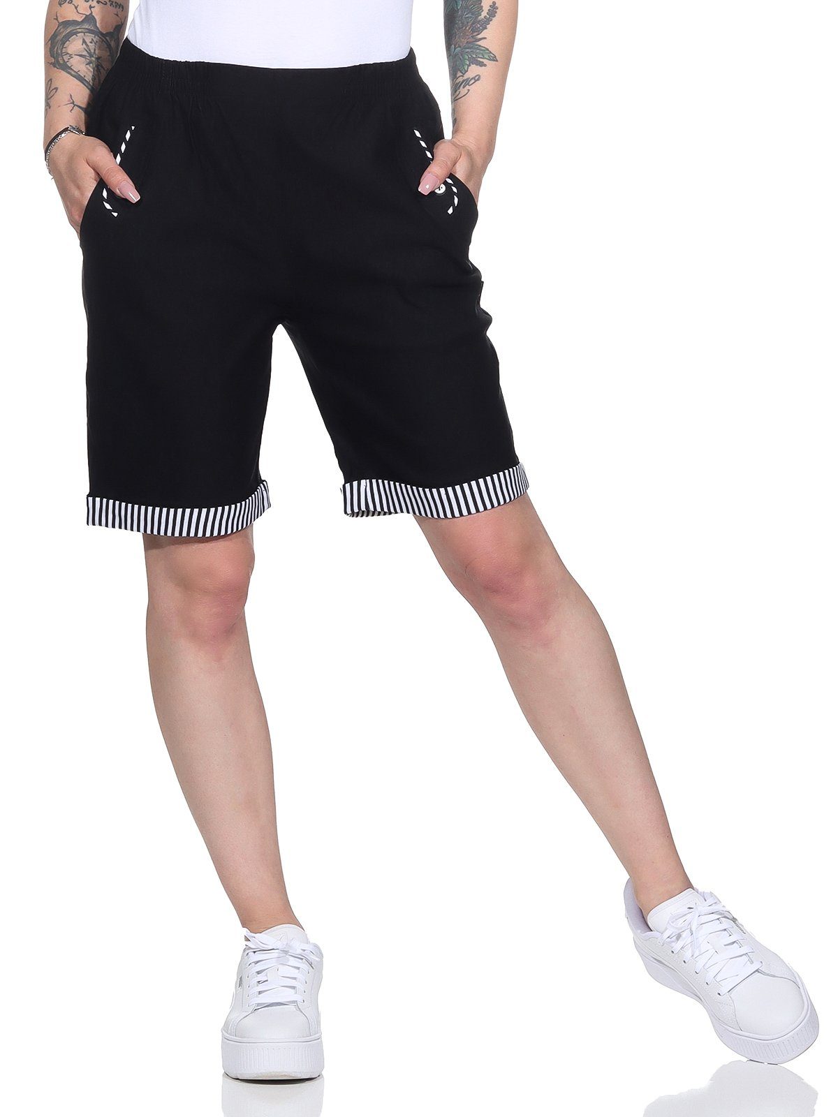 Bermuda mit Damenmode mit Details auch großen in elastischem Shorts Aurela Shorts Bund, Größen Sommer Schwarz Damen Strandbermuda maritimen Maritime erhältlich,