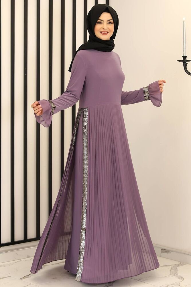 Modavitrini Maxikleid Damen Hijab Abendkleid Modest Abiye Rock Lila Abaya Fashion mit Pailletten Faltendetail