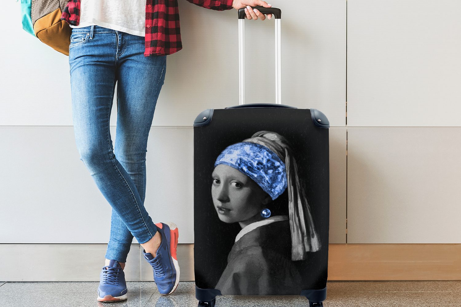 für Perlenohrring Reisekoffer Mädchen Trolley, mit einem Reisetasche - Rollen, MuchoWow Ferien, Handgepäck mit Johannes Vermeer Blau, 4 Handgepäckkoffer - rollen,