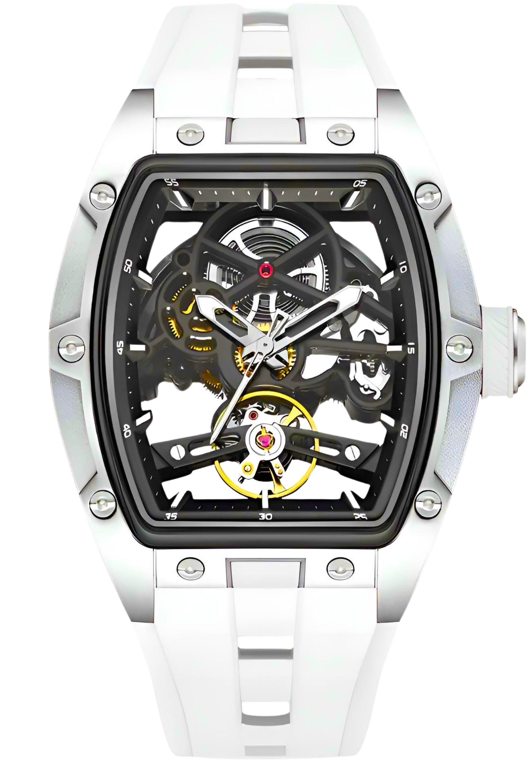 S&T Design Automatikuhr Armbanduhr Herren Uhr Edelstahl Silikon Skelett Skelleton, (inkl. Geschenkbox, Schnalle), Mechanisch 50M Wasserdicht Rechteckig
