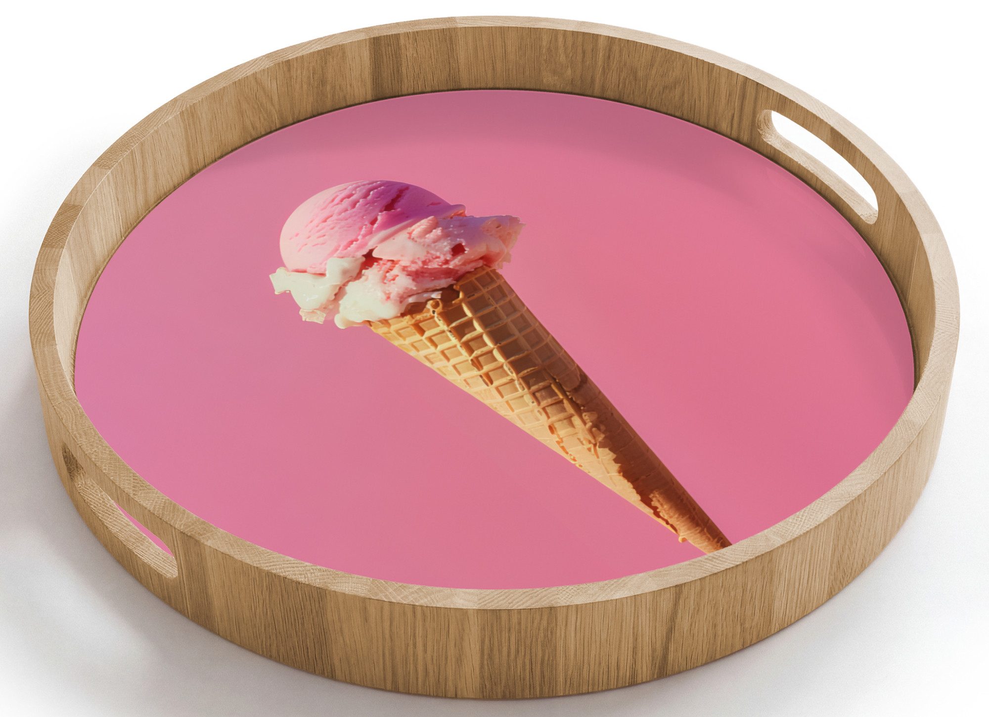 OnlyWow Tablett Rund mit Henkel Horn - Schaufel Eiscreme - Rosa, Eichenholz, (1-tlg), Siervierplatte, Tray, Frühstücksbrett