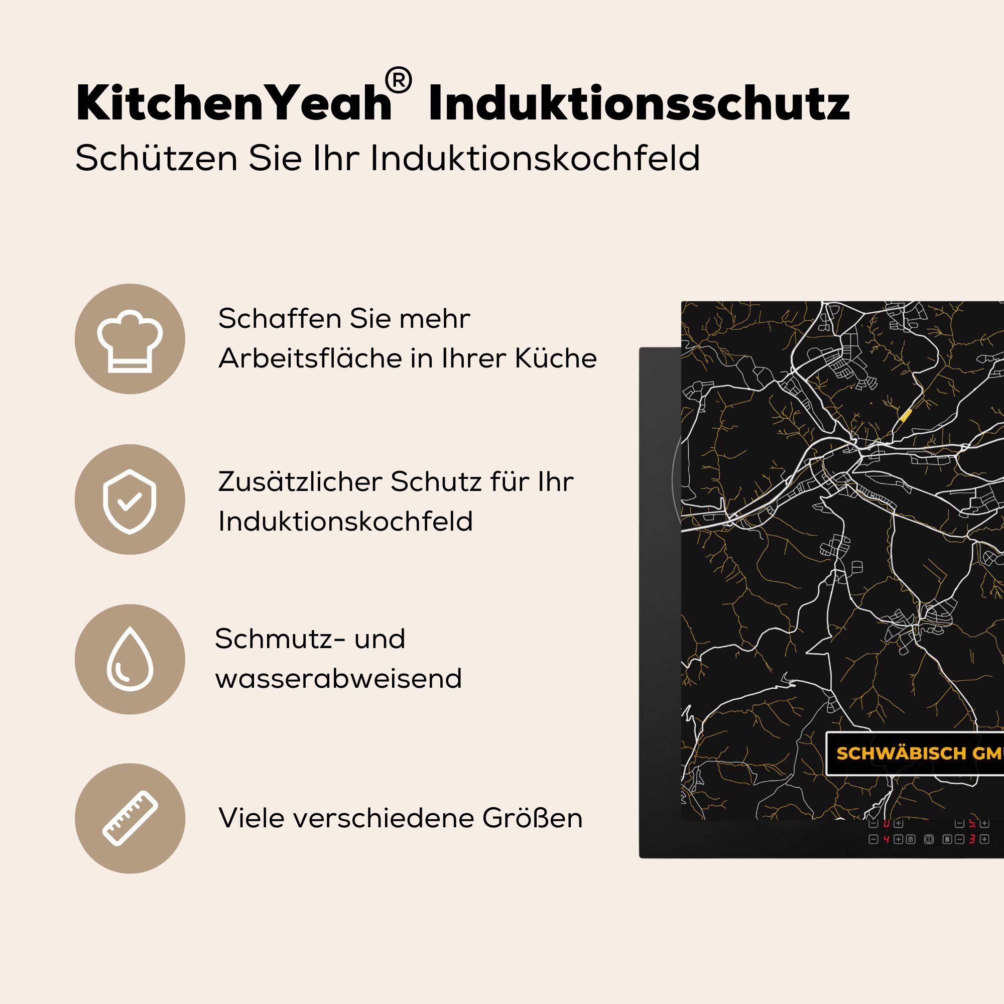 - Ceranfeldabdeckung, Schwarz und Karte, cm, für Herdblende-/Abdeckplatte Vinyl, Schwäbisch küche Arbeitsplatte - MuchoWow (1 tlg), - Gmünd 78x78 Deutschland Stadtplan Gold -
