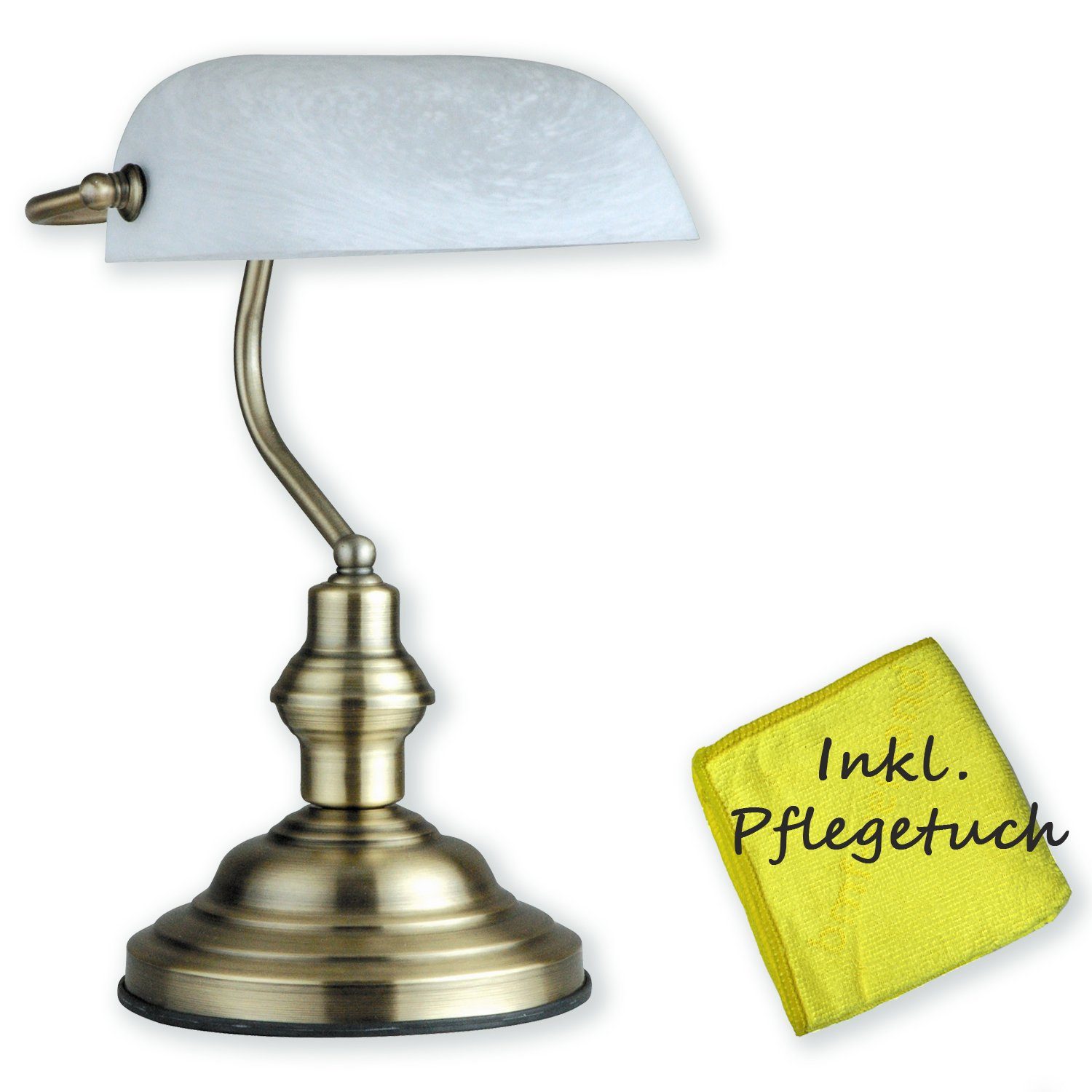 bmf-versand Tischleuchte Schreibtischlampe weiß Schirm Retro Tischlampe Banker Lampe, mit Pflegetuch, Nachttischleuchte, Nachttischlampe, LED wechselbar, Warmweiß, Wohnzimmer, Schlafzimmer, Esszimmer, Küche, Flur, Schreibtischleuchte