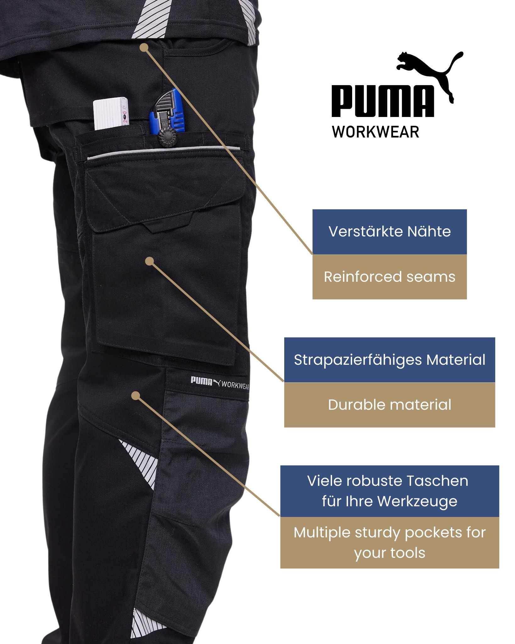 PUMA Workwear Arbeitsbundhose PRECISION X Arbeitshose für Herren - Verstärkte Kniepartien mit vielen Taschen - für Handwerk, Produktion und Baugewerbe