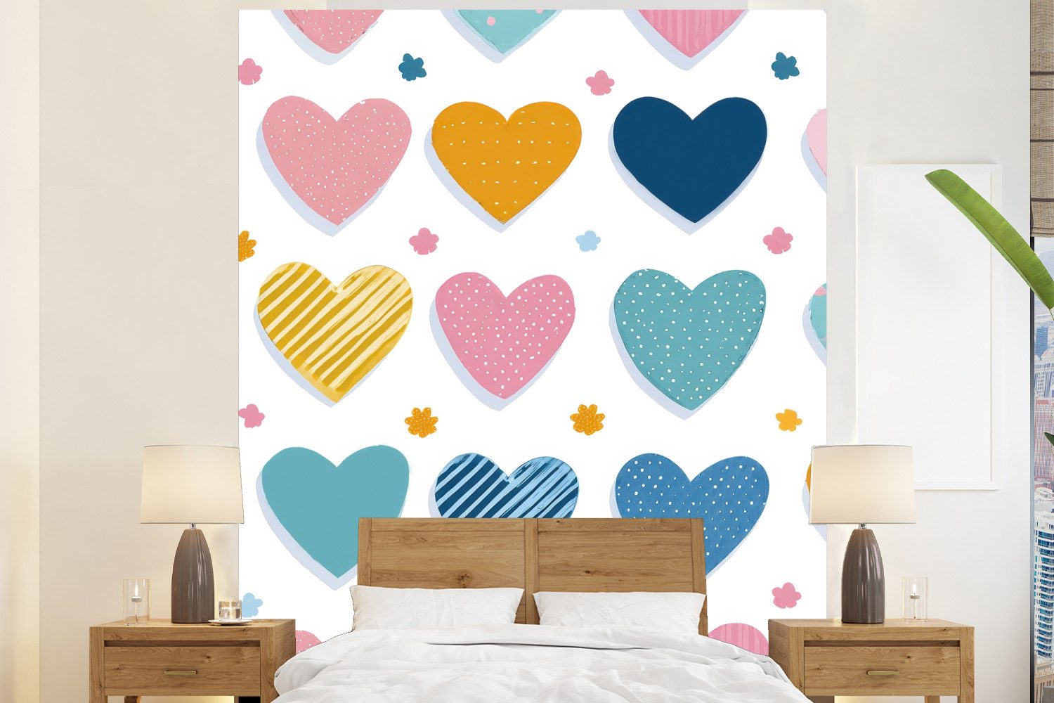 MuchoWow Fototapete Herzen - Pastell - Farbkontrast - Handgezeichnet, Matt, bedruckt, Vliestapete für Wohnzimmer Schlafzimmer Küche, Fototapete, 210x260 cm