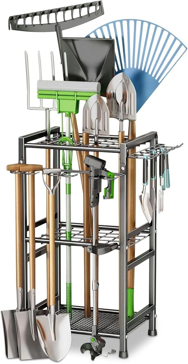 Toomoke Gartengerätehalter Gartenwerkzeug-Organizer, Werkzeugständer, (Geräteständer mit Haken, Aufbewahrungsregal für Garage & Garten, 3-Ebenen-System mit verstellbaren Haken für lange und kleine Geräte)