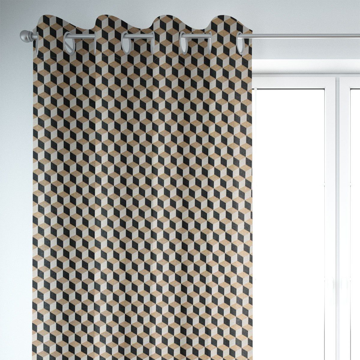 SCHÖNER LEBEN. Vorhang Gardine Metallic Cube Geometric Luxury 3D Würfel schwa, Ösen, Lichtschutz, Jacquard, made in Germany,handmade,vorgewaschen