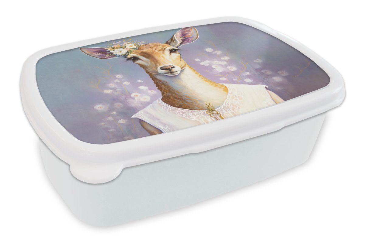 MuchoWow Lunchbox Hirsche - Blumen - Gemälde - Porträt - Tiere, Kunststoff, (2-tlg), Brotbox für Kinder und Erwachsene, Brotdose, für Jungs und Mädchen weiß