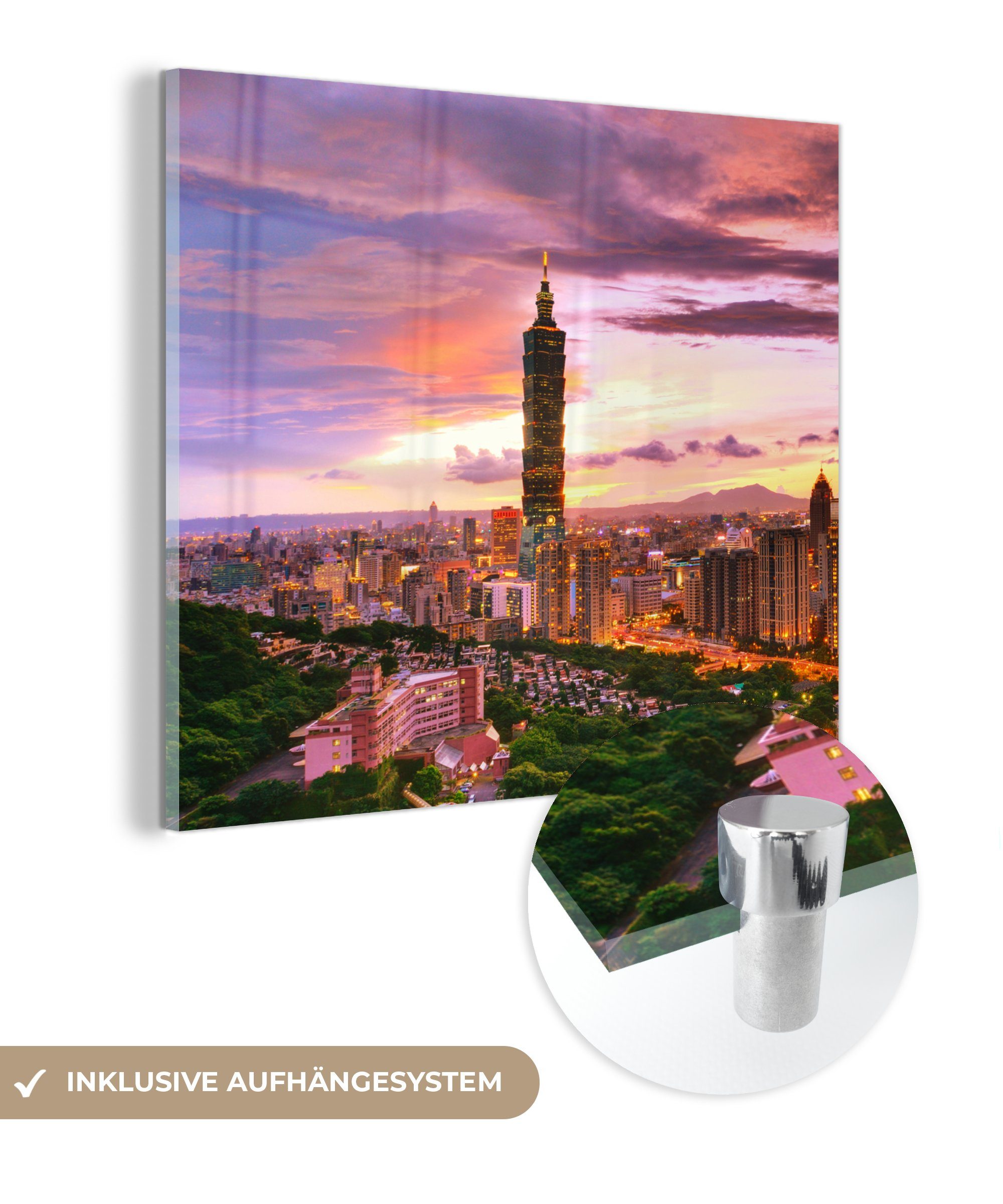 MuchoWow Acrylglasbild Der taiwanesische Wolkenkratzer mit dem bunten Himmel, (1 St), Glasbilder - Bilder auf Glas Wandbild - Foto auf Glas - Wanddekoration