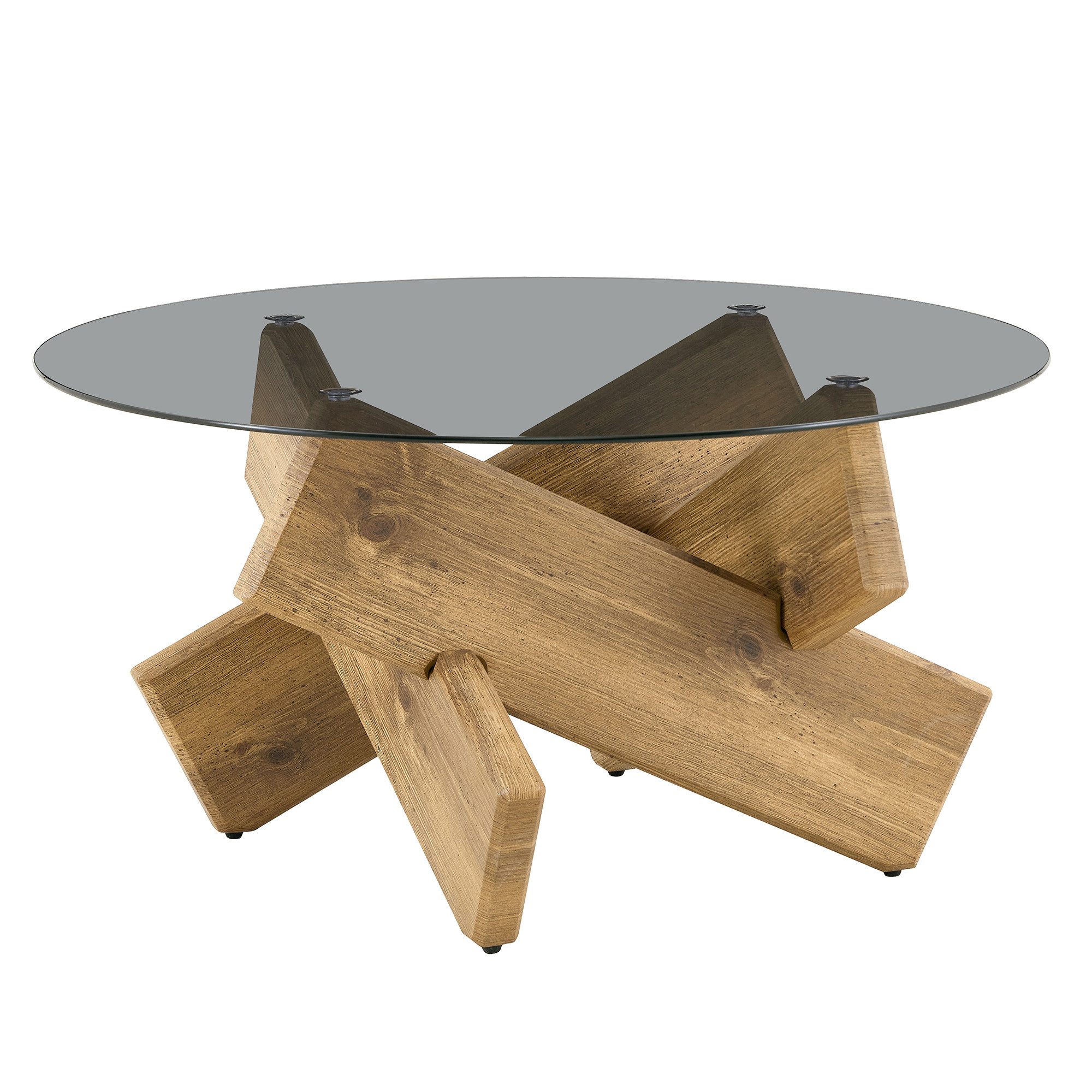 ANYSUN Couchtisch Runder Couchtisch aus Glas mit Holzkorn Stützbeine, (0,8cm dicke gehärtete Glasoberfläche), Kleiner Teetisch für Wohn- und Schlafzimmer Einfach und Schön
