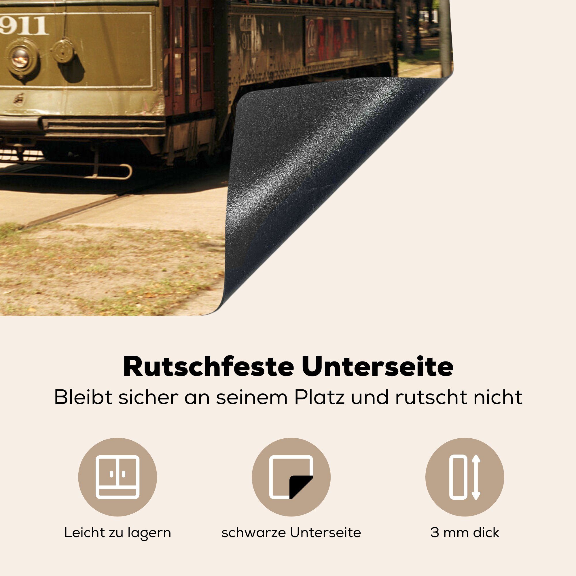 nutzbar, 70x52 in Vinyl, Arbeitsfläche Ceranfeldabdeckung Straßenbahn New Mobile Eine (1 tlg), alte Herdblende-/Abdeckplatte cm, Orleans, USA, MuchoWow