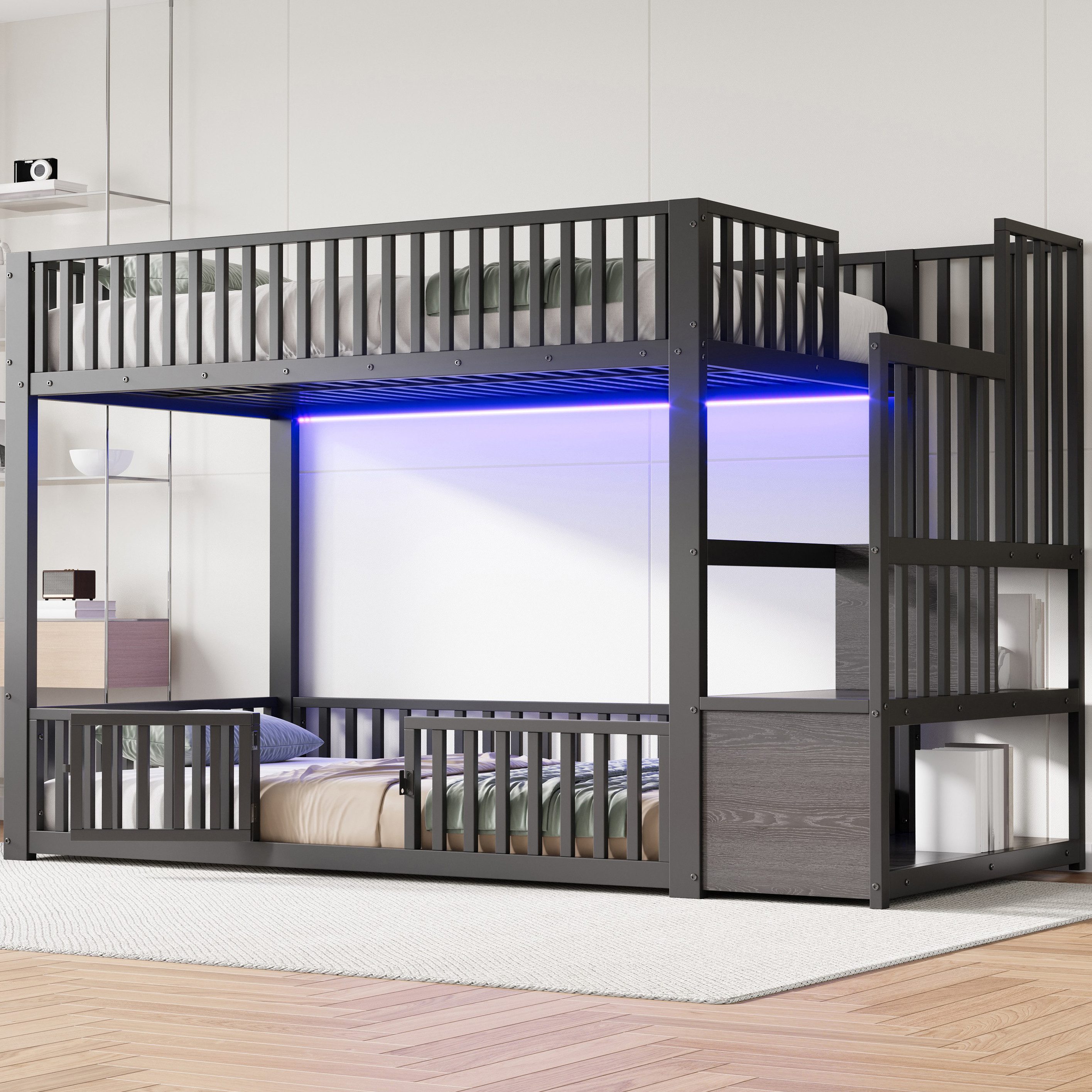Flieks Etagenbett, Metallbett Kinderbett 90x200cm mit LED-Beleuchtung & oberem Lattenrost