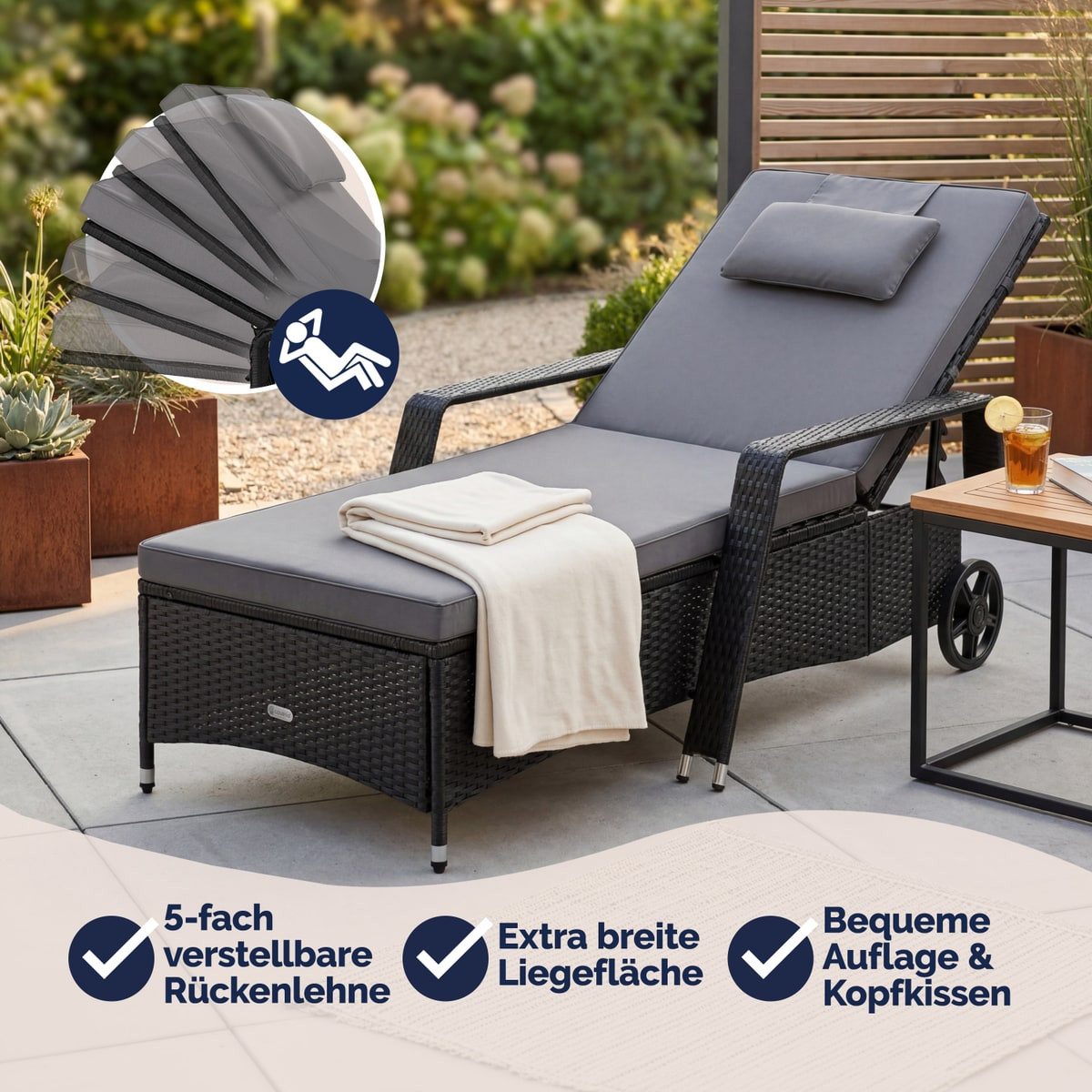 Casaria Gartenliege, 165kg Belastbar 7cm Auflage mit Rollen Sonnenliege 5fach verstellbar