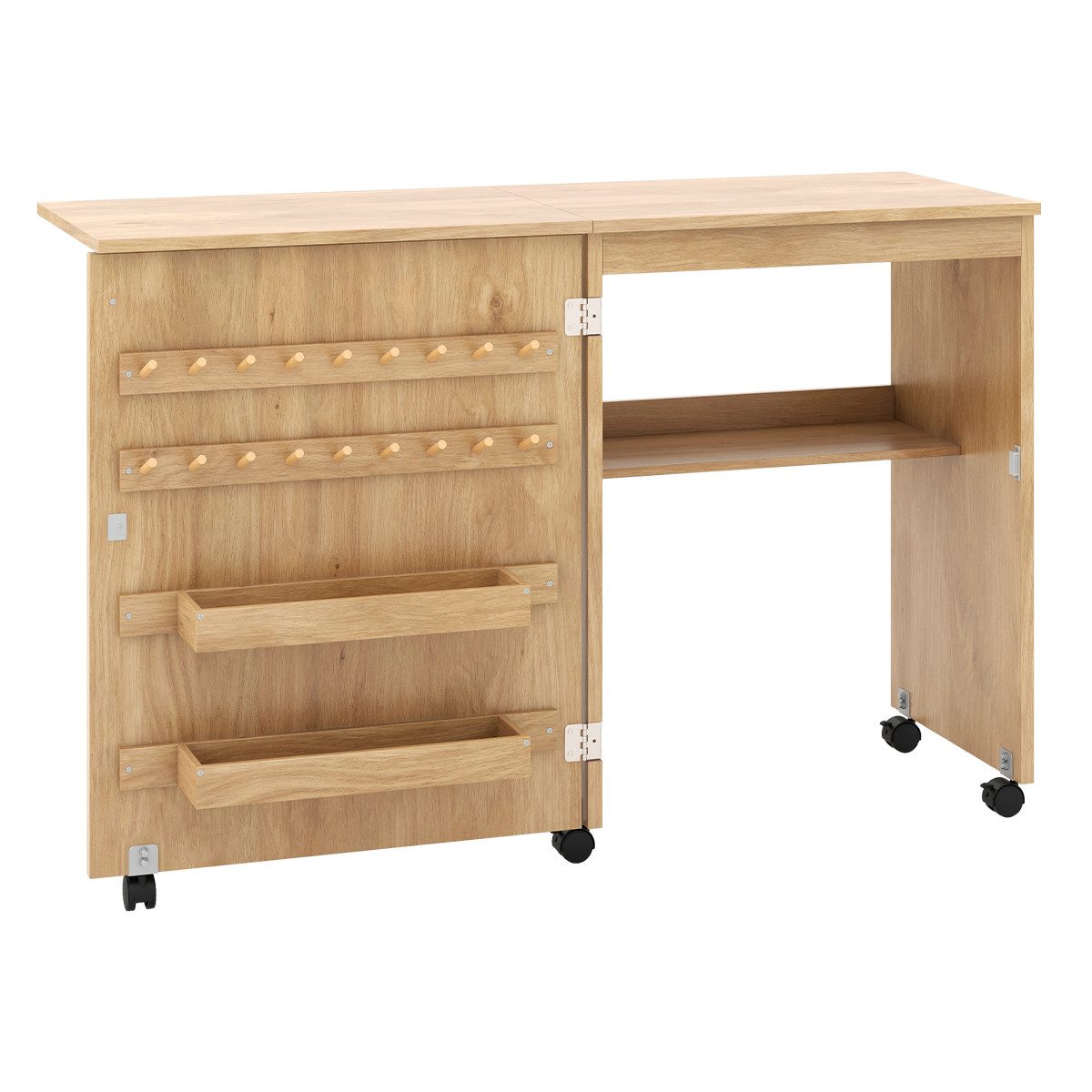 COSTWAY Schreibtisch, klappbar, Nähschrank mit Ablage, Klammern auf Rollen