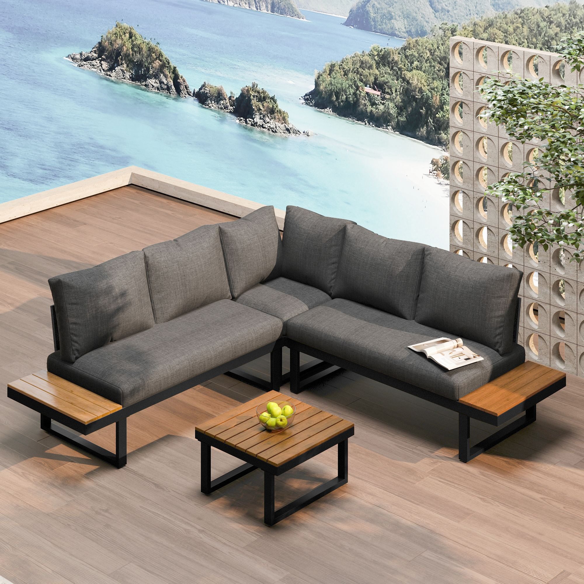 Merax Gartenlounge-Set, (1 Couchtisch, 2 Bänke, 1 Eckbank), mit Stahlrahmen und Kissen, Ecklounge, Gartenmöbel Set, Leinenbezug