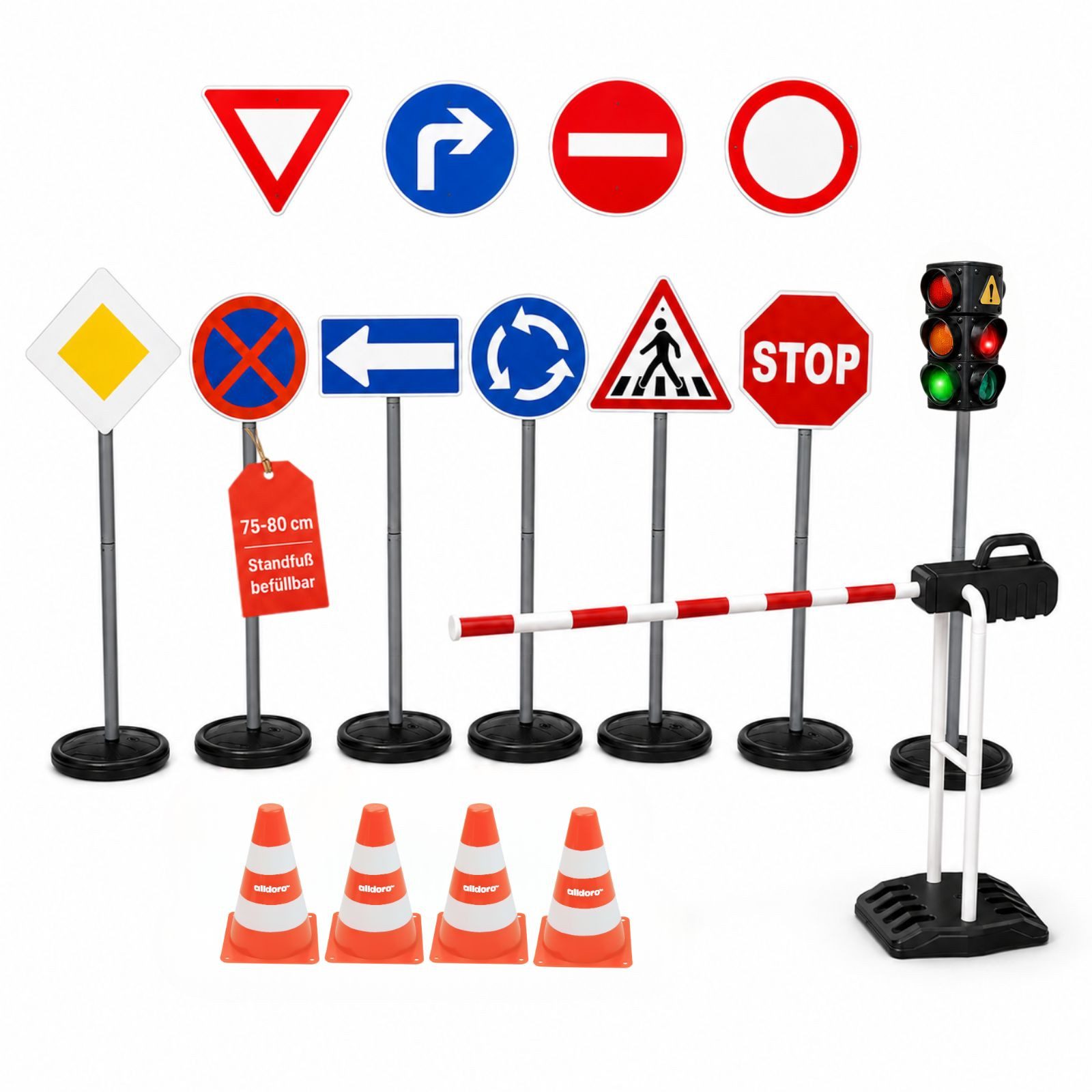 alldoro Spiel-Verkehrszeichen XXL-Verkehrsset für Kinder mit Ampel, Schildern, Schranke & Pylonen, 75-80 cm, Standfüße befüllbar, Verkehrserziehung und Rollenspiele