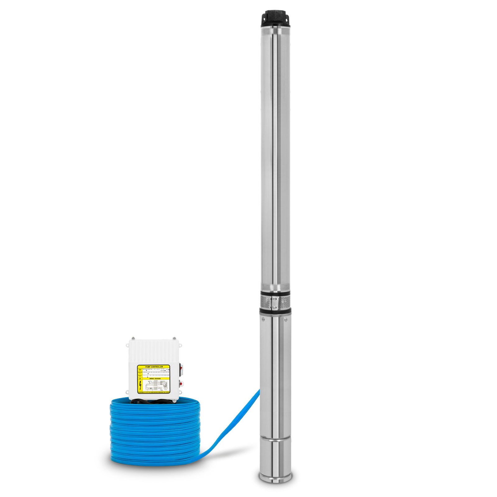 EBERTH Tiefbrunnenpumpe 4" aus rostfreiem Edelstahl Elektrisch 2200W Durchmesser Pumpe 4 Zoll (Anschlussgewinde 1 1/2 Zoll), Stromkabel 20m, Förderhöhe max. 112m, mit Schmutzsieb