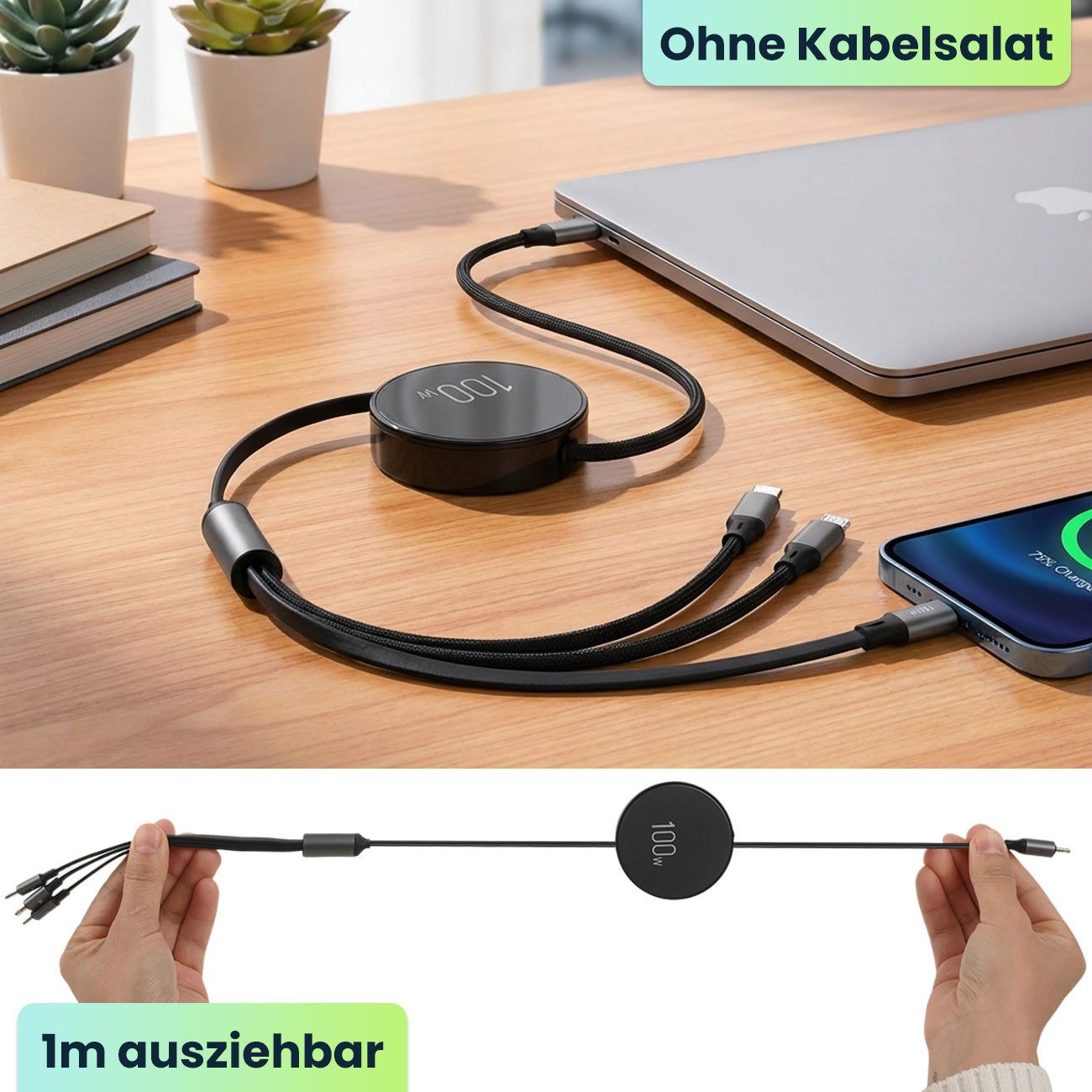 shop'n smile ideoon 3in1 Roll-Ladekabel: 100W Power für Android & iPhone Lightningkabel, USB-C, 1m ausziehbar, extrem robust & ohne Kabelsalat - USB-C