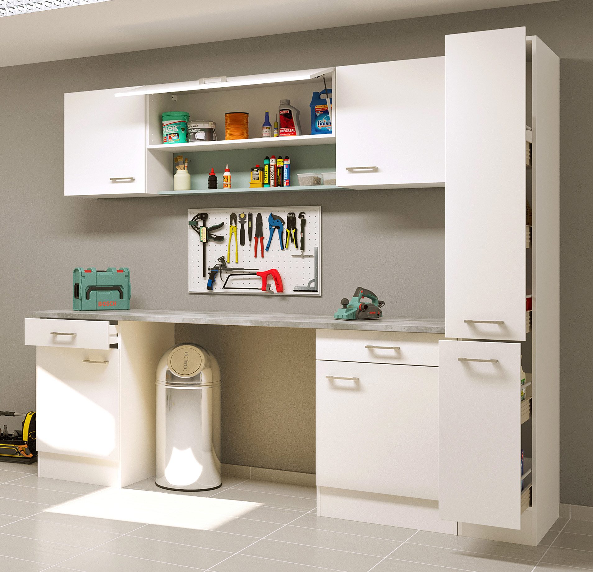 Flex-Well Mehrzweckschrank-Set LUCCA, 8-teilig, Hauswirtschaft-, Hobby/Werkraum, Küche, Breite 240 cm, (Komplett-Set, 8-St., bestehend aus: 2x Unter-, 3x Ober- und 1x Auszugsschrank, Regal+APL), Kombination aus 7 Möbelteilen und durchgehender Arbeitsplatte