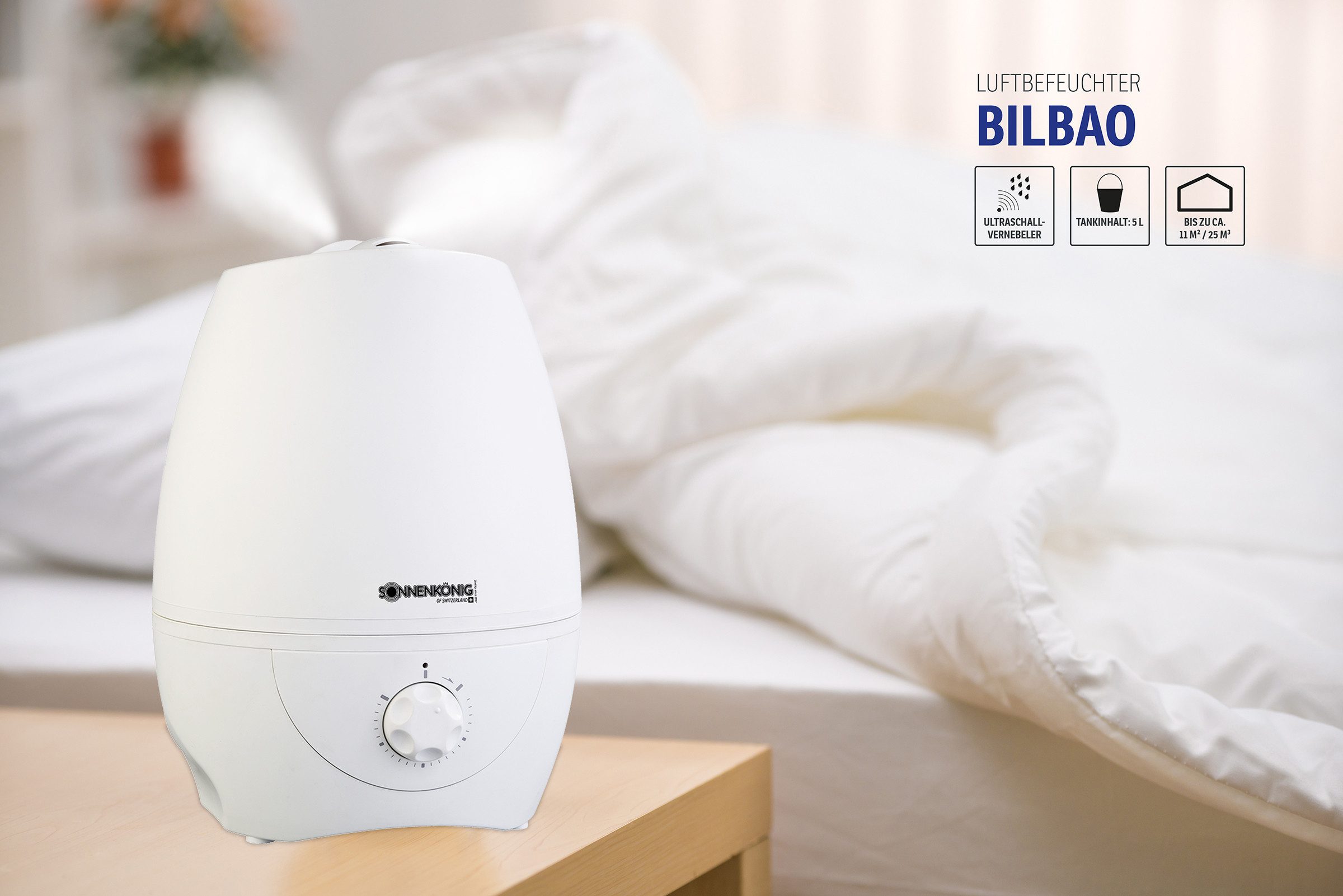 Sonnenkönig Luftbefeuchter Bilbao, 5L Tank, 0.35L/h, Auto-Off, inkl. Filter zum Entkalken, 5 l Wassertank, einfache Bedienung, laufruhig