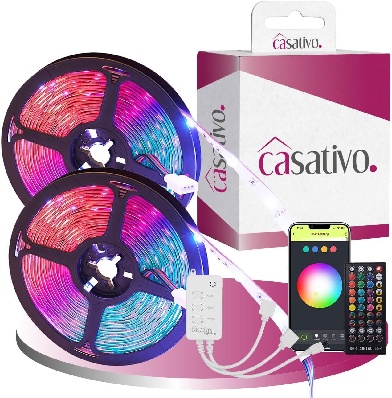 Casativo LED Stripe 10m WLAN RGB LED Streifen - Smart App & Sprachsteuerung Alexa, Controller mit integriertem Mikrofon, individuell kürzbar, 300 LEDs