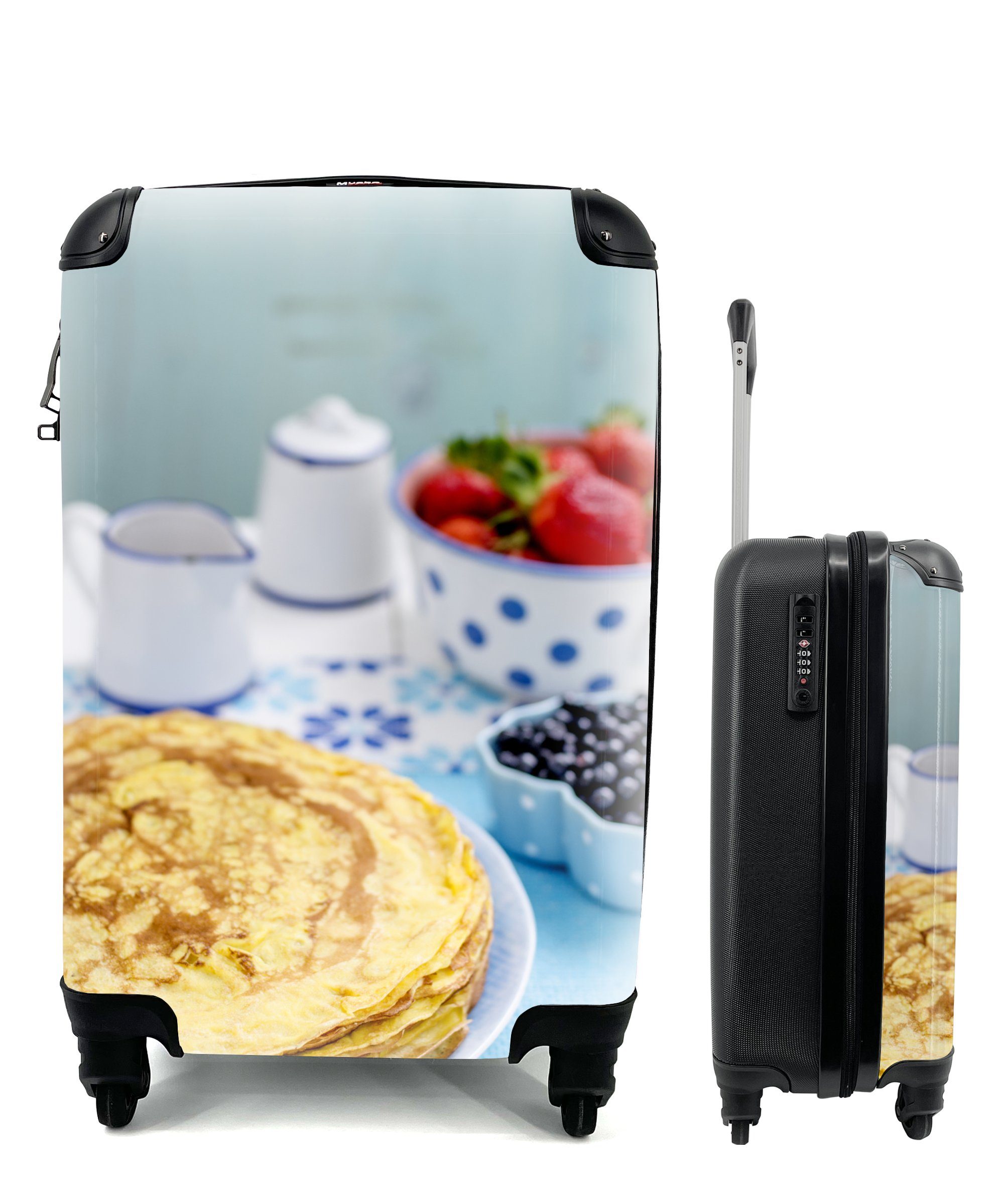 MuchoWow Handgepäckkoffer Schöne und dünne Pfannkuchen auf einem Teller, 4 Rollen, Reisetasche mit rollen, Handgepäck für Ferien, Trolley, Reisekoffer