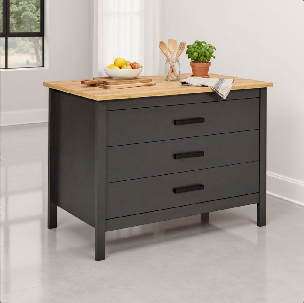 Inter Link Kücheninsel Piazza Nero, Schubladen, herausnehmbare Regalböden, Soft-Close, 124x75x91 cm