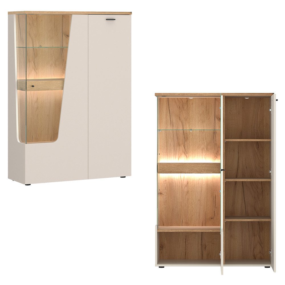 Lomadox Wohnzimmer-Set CARMONA-129, (Mega-Spar-Set, 5-St., Couchtisch Highboard Lowboard Vitrine Wandregal), in Kaschmir und Eiche, inkl. LED-Beleuchtung